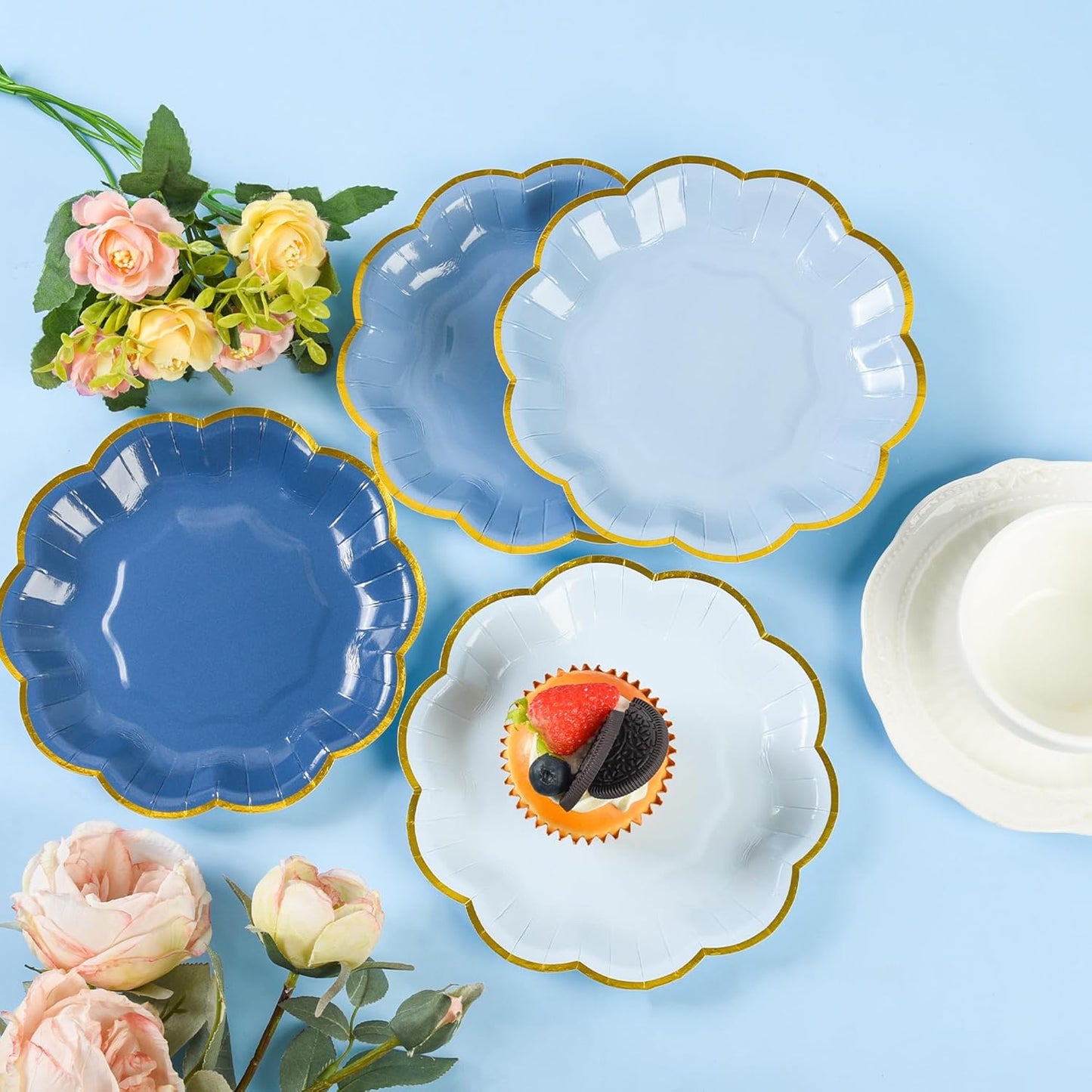 Dusty Blue Party Plates Gradient Blue Dessert Paper Plate 7inch Gold Foil Scalloped Edge Disposable Cake Plates for Father’s Day Birthday Bridal Baby Shower Wedding Party Supplies