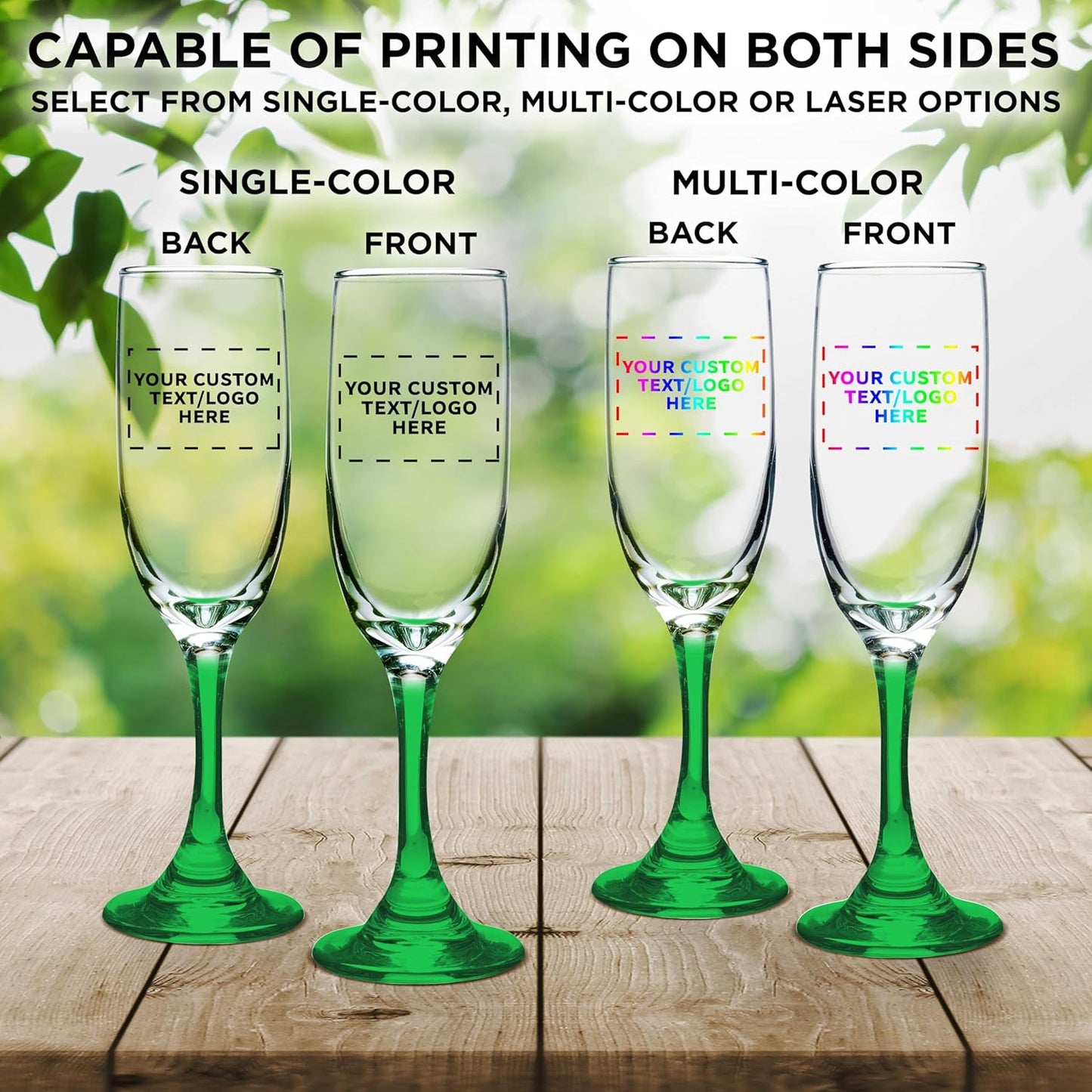 DISCOUNT PROMOS Custom Premiere Champagne Flutes 6.25 oz. Set of 10, Personalized Bulk Pack - Elegant Drinkware for Weddings, Events, & Promotional Gifts - Green