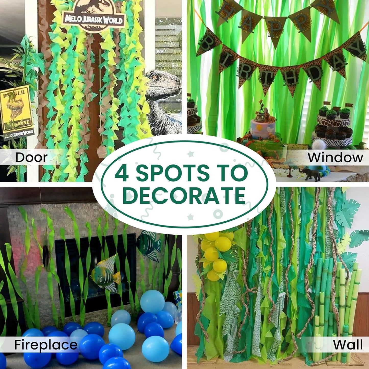 PartyWoo Green Crepe Paper Streamers 4 Rolls 328 ft Pack of Dark Light Pastel Lime Green Crepe Paper for Graduation Christmas Jungle Birthday Anniversary Party Decorations (1.8 Inch x 82 Ft/Roll)