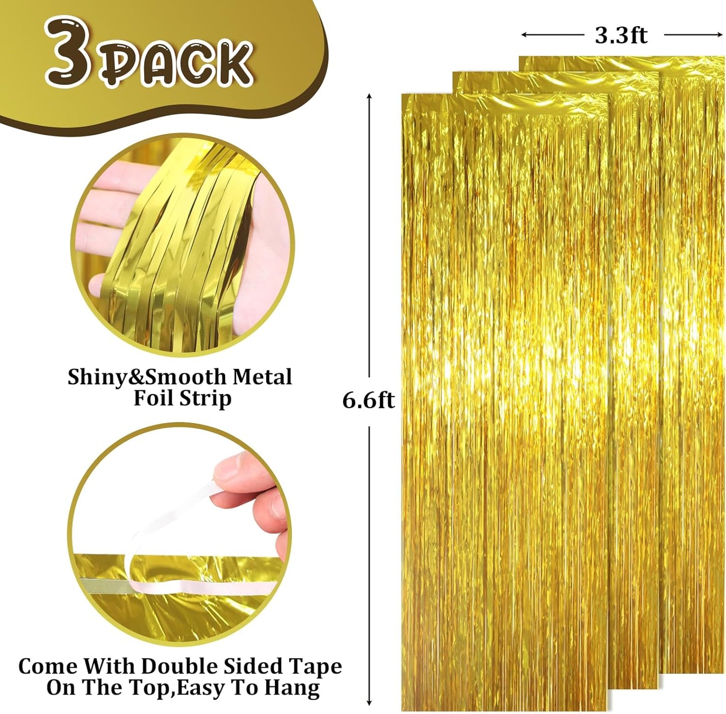 3 Pack 3.3 x 6.6 ft Gold Foil Fringe Backdrop Curtains, Tinsel Streamers Party Decorations, Fringe Backdrop for Birthday, Baby Shower, Gender Reveal, Graduation