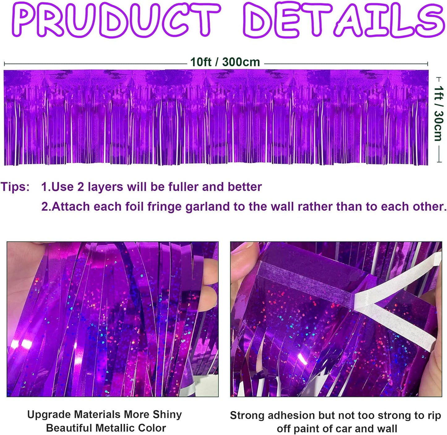 4 Pack 10 Feet Glitter Purple Parade Float Decorations for Trailer Car, Glitter Foil Fringe Metallic Tinsel Streamers Banner Garland for Graduation Homecoming Birthday Party (Glitter-Purple)