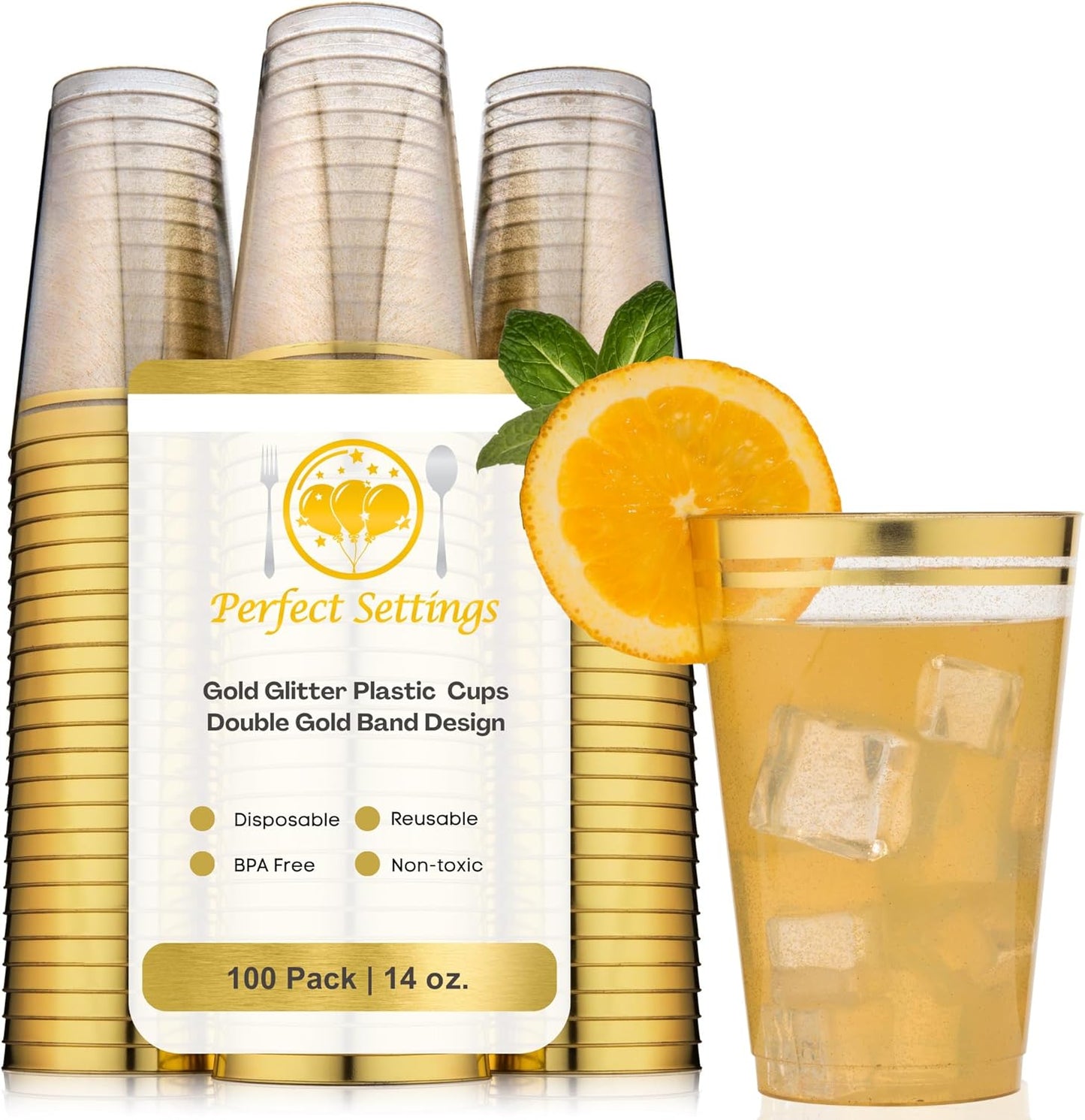 Perfect Settings 100 Premium 14oz Hard Plastic Cups Clear Glitter Gold Plastic Double Line Rimmed Cups Fancy Disposable Wedding Cups Elegant Party Cups with Twin Colored Rim (Glitter Gold Rim, 14)
