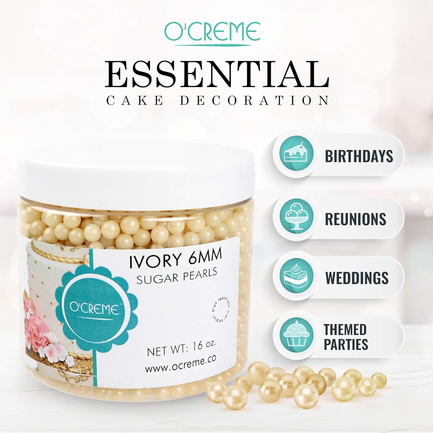 O'Creme Ivory Edible Sugar Pearls Cake Decorating Supplies for Bakers: Cookie, Cupcake & Icing Toppings, Beads Sprinkles For Baking, Certified, Candy Sugar Ball Accents (5mm, 8 Oz)