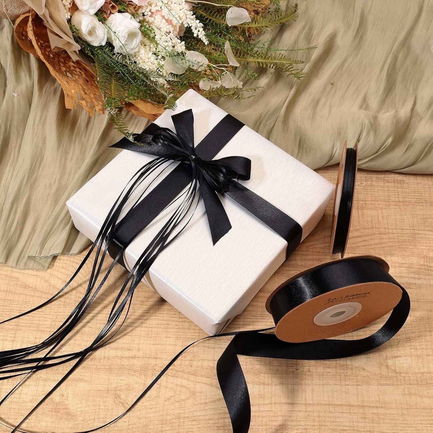 LaRibbons Black Satin Ribbon 1 Inch 25 Yards Luxury Double Faced Black Silk Ribbon for Flower Bouquet Crafts Gift Wrapping Wedding Party Decoration