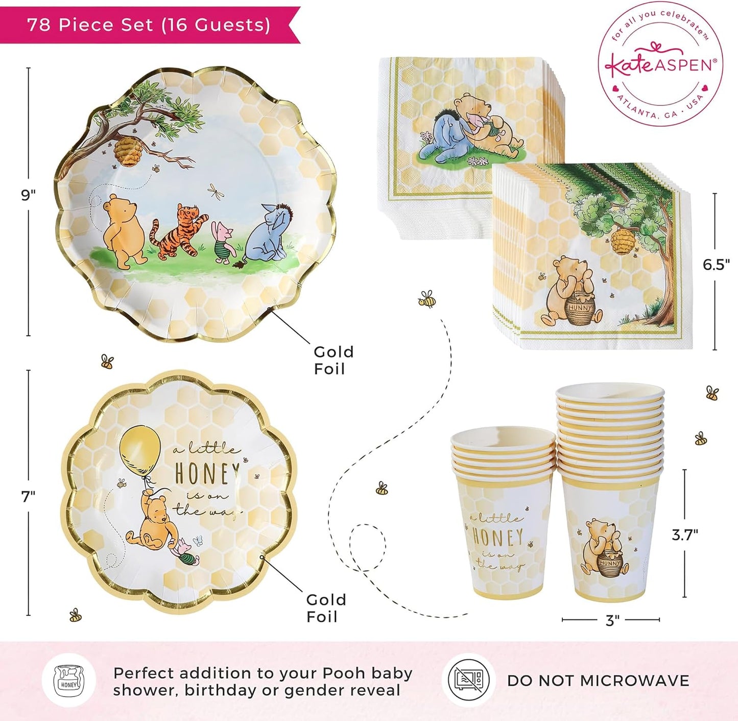 Kate Aspen Honey Bear 78-Piece Winnie Baby Shower Plates and Cups and Napkins Sets for 16 Guests, Classic Winnie Baby Shower Decorations Boy or Girl, Party Paper Plates & Party Supplies