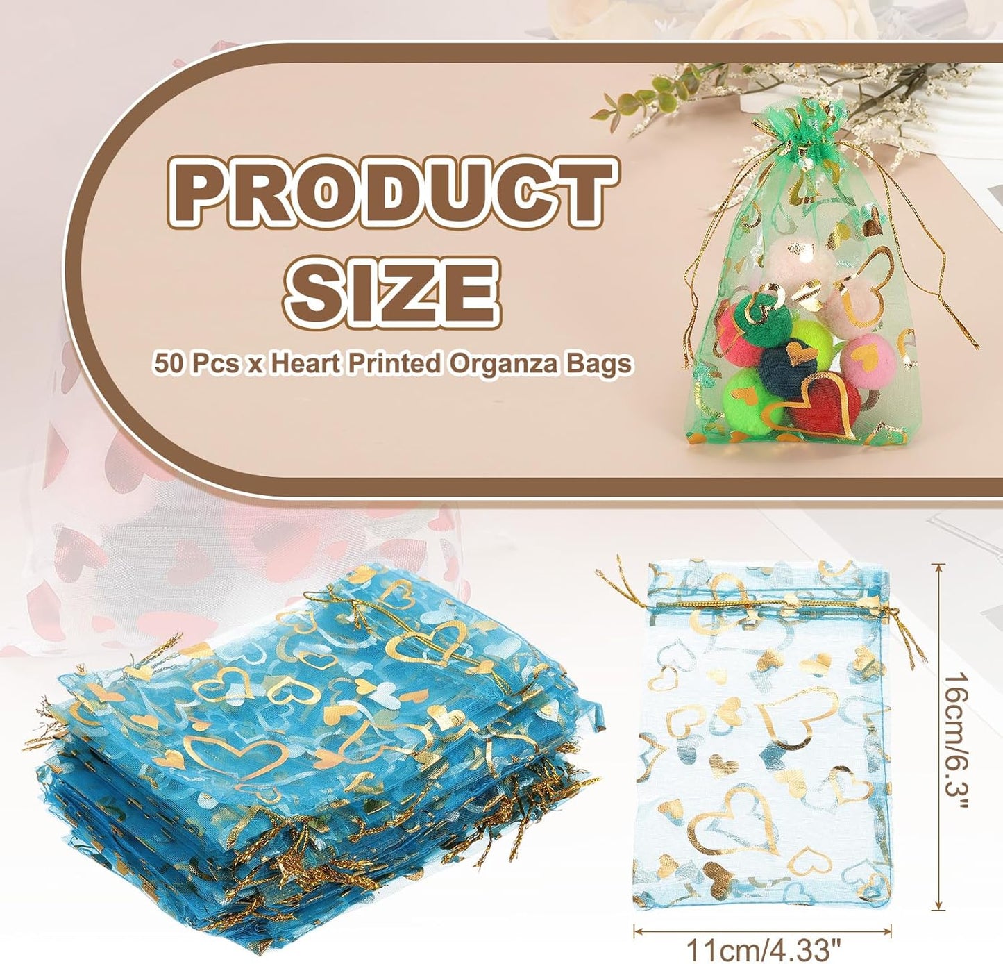 PATIKIL 50 Pcs 4x6 Inch Heart Printed Organza Bags, Lake Blue Sheer Heart Organza Bags with Drawstring for Christmas Candy Jewelry Party Wedding Favor Gift