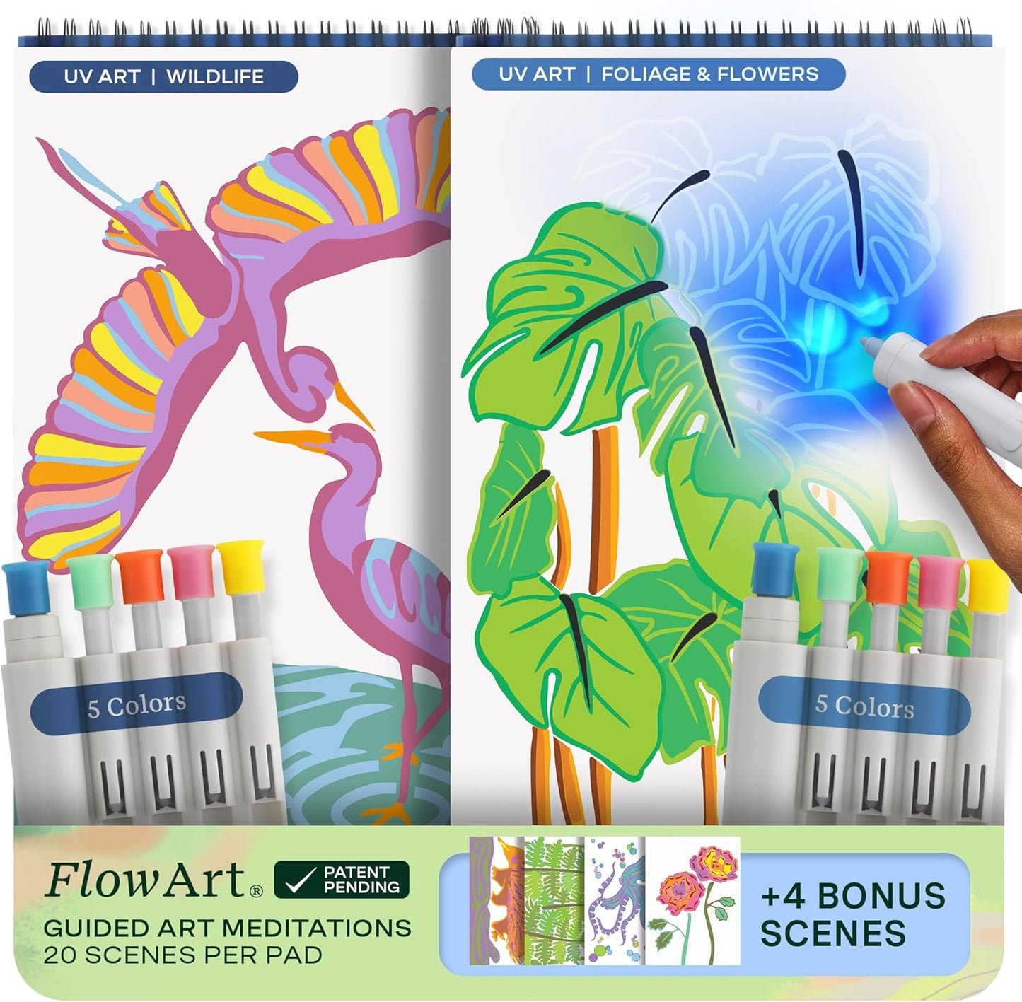 Lifelines FlowArt Activity Pad, UV Art 2-Pack - Guided Art Meditations with Illuminating Marker - Color by UV Light Coloring Books for Teens, Adults & Seniors