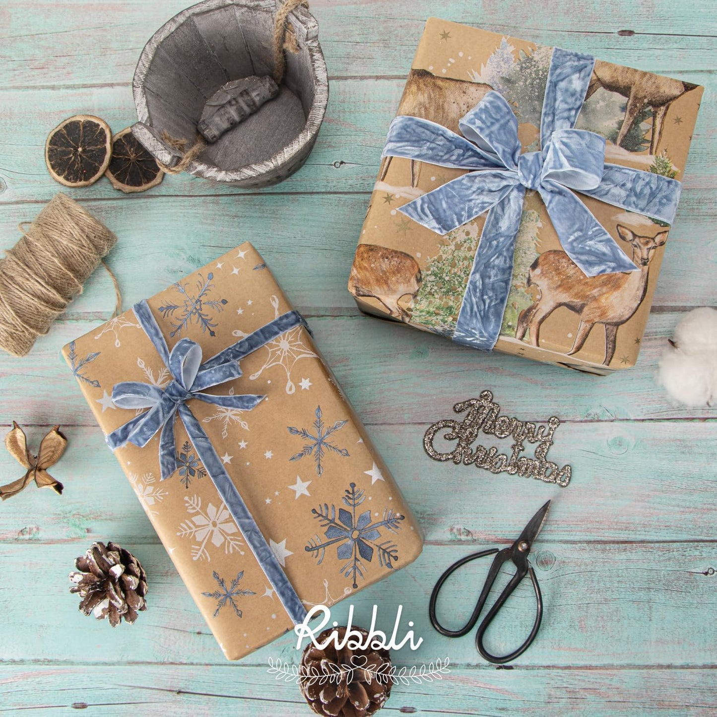 Ribbli Dusty Blue Velvet Ribbon 1 Inches Luxury Crinkled Blue Christmas Ribbon for Gift Wrapping Crafts Home Decor-Continuous 10 Yard