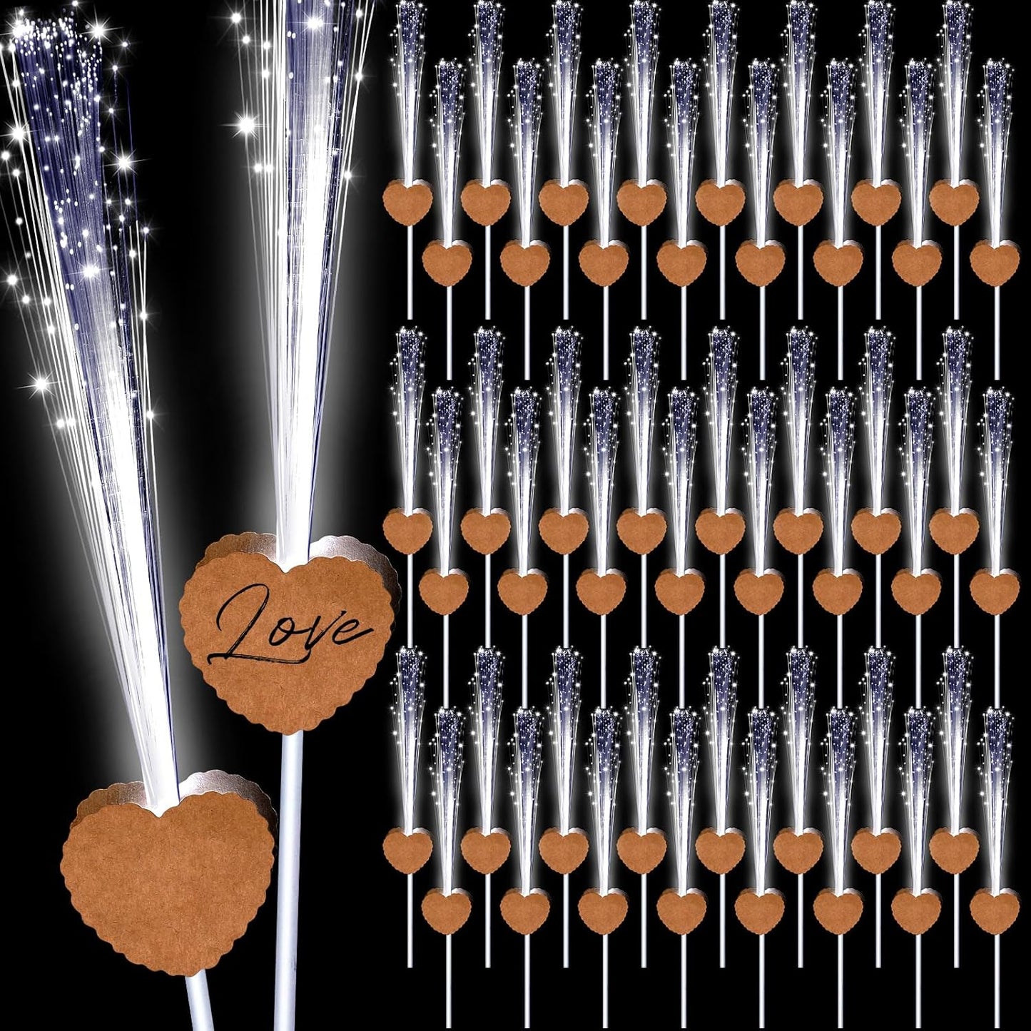 50 Pcs Wedding Sparklers Heart Shaped LED Glow Sticks Fiber Optic Wands Light up Wand with 3 Light Mode for Wedding Bridal Shower Birthday Glow in the Dark Party Supplies (Brown)