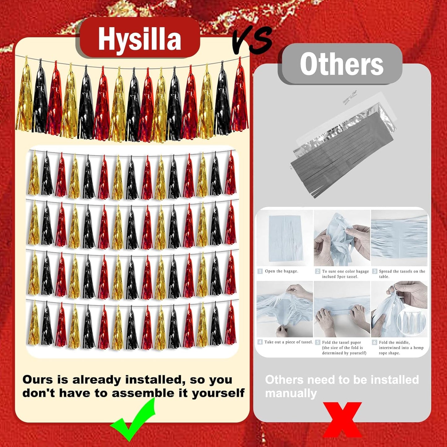 3P Black-Red Gold Foil Fringe Metallic Tassel Garland, Tassels Banner Streamers for Parade Floats, Bachelorette, Wedding, Birthday, Halloween, Christmas, Bridal/Baby Shower Party Decorations