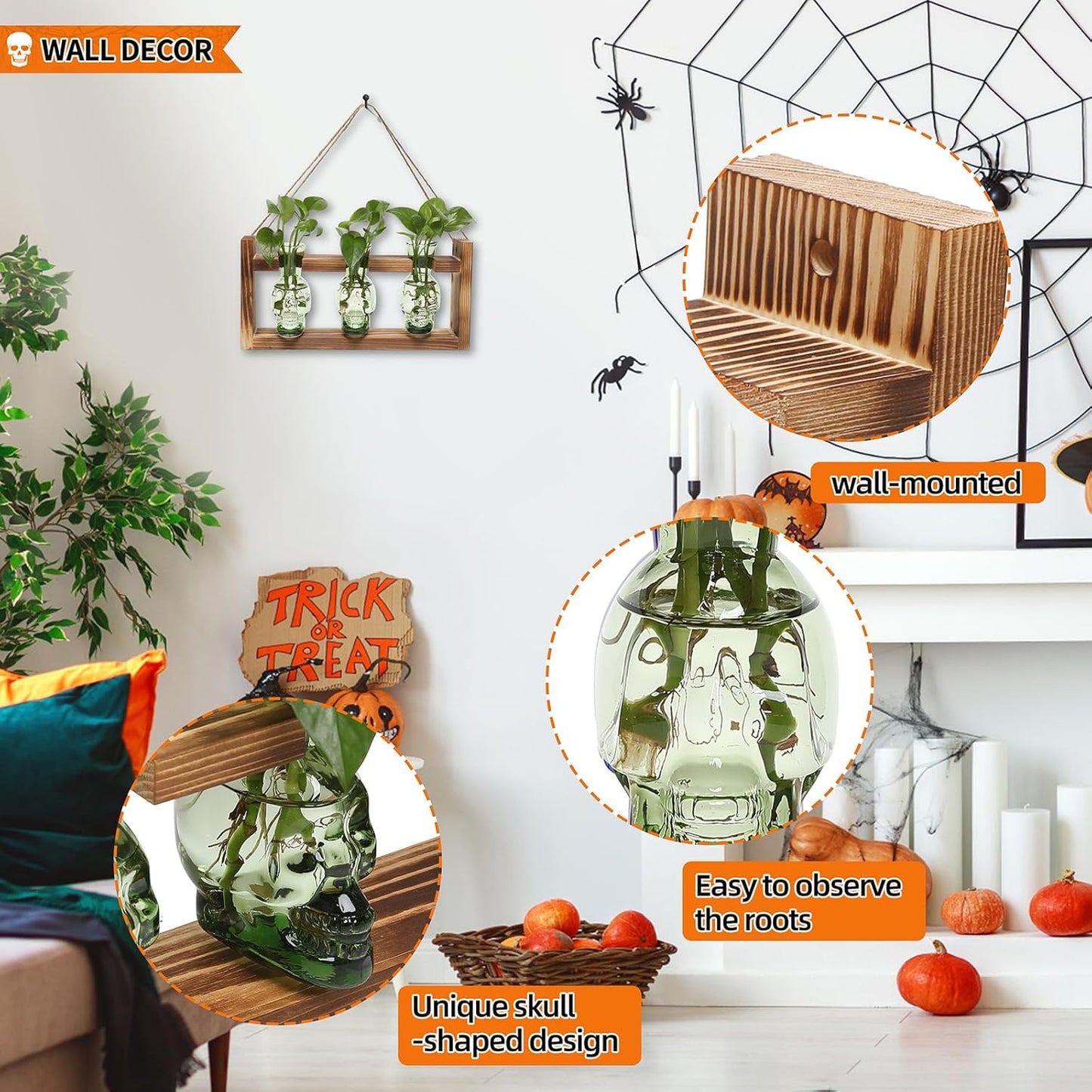 Plant Terrarium Propagation Stations Hydroponics Halloween Skull Planter Vase Skulls Decor with Wooden Stand Gift for Father