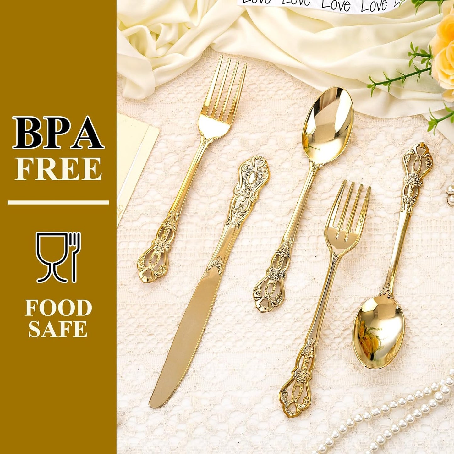 200PCS Gold Plastic Silverware - Heavy Duty Elegant Disposable Utensils - Gold Plastic Cutlery Set Includes 100Forks, 50Spoons, 50Knives for Dinner, Parties, Weddings