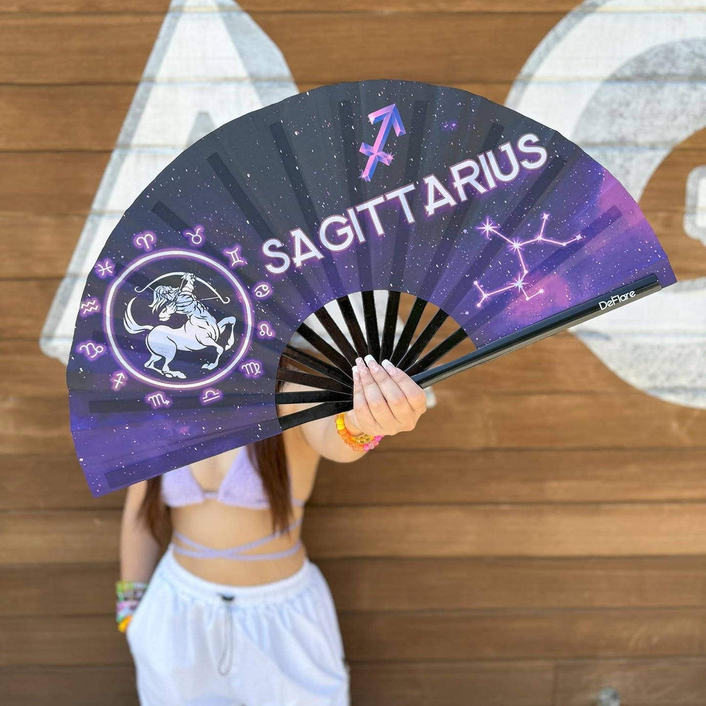 DeFlare | Cosmic Zodiac Rave Fan | Zodiac Sign Hand Fan | Astrology Rave Fan | Hand Fan | Large Rave Fan | Large Clacking Fan
