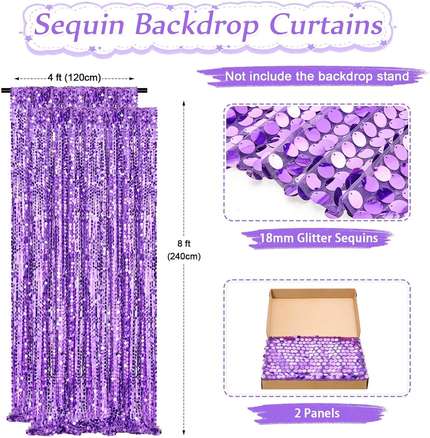 Backdrop Curtains 2 Packs 4x8FT Purple Party Theme Decoration Wedding Sequin Background