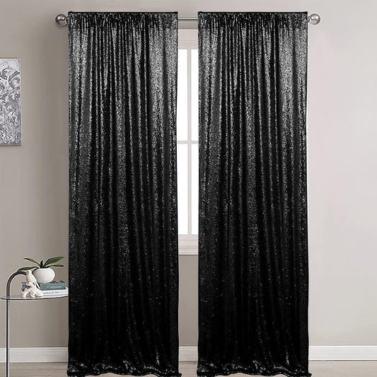 Black Sequin Curtains, 2 Panels (2FT x 8FT), Glitter Drapes, Sparkle for Wedding, Bridal, Birthday & Halloween