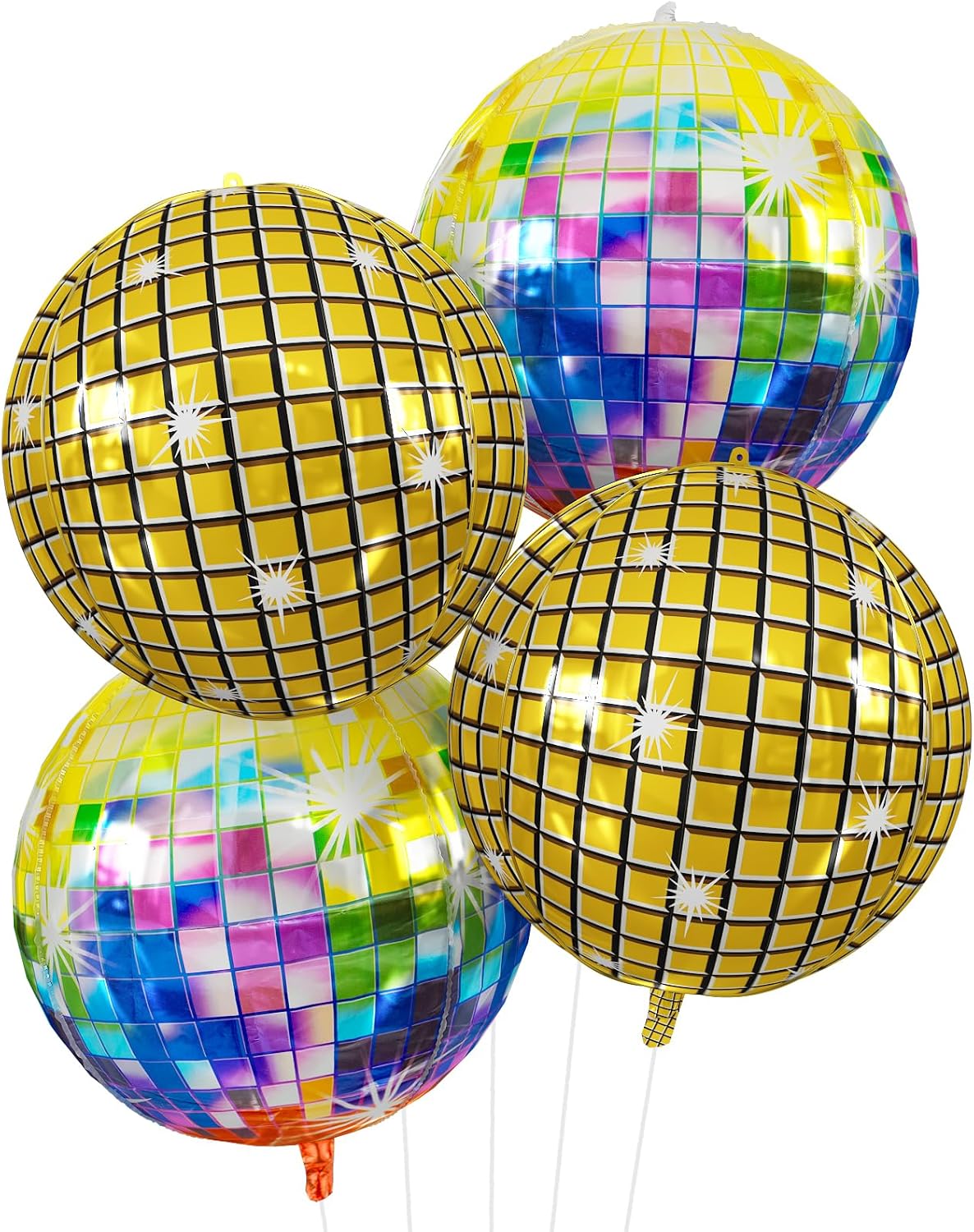 Disco Ball Balloons 4PC,Foil Disco Balloons 22 Inch 4D Round Multicolor Balloon for 70s 80s 90s Birthday Bachelorette Decorations