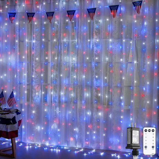 JMEXSUSS 300LED Red White and Blue Lights with Remote, 4th of July Lights Plug in, Patriots Curtain Hanging String Lights for Bedroom Wall Window Backdrop Indoor Outdoor 4th of July Decor, 9.8x9.8ft