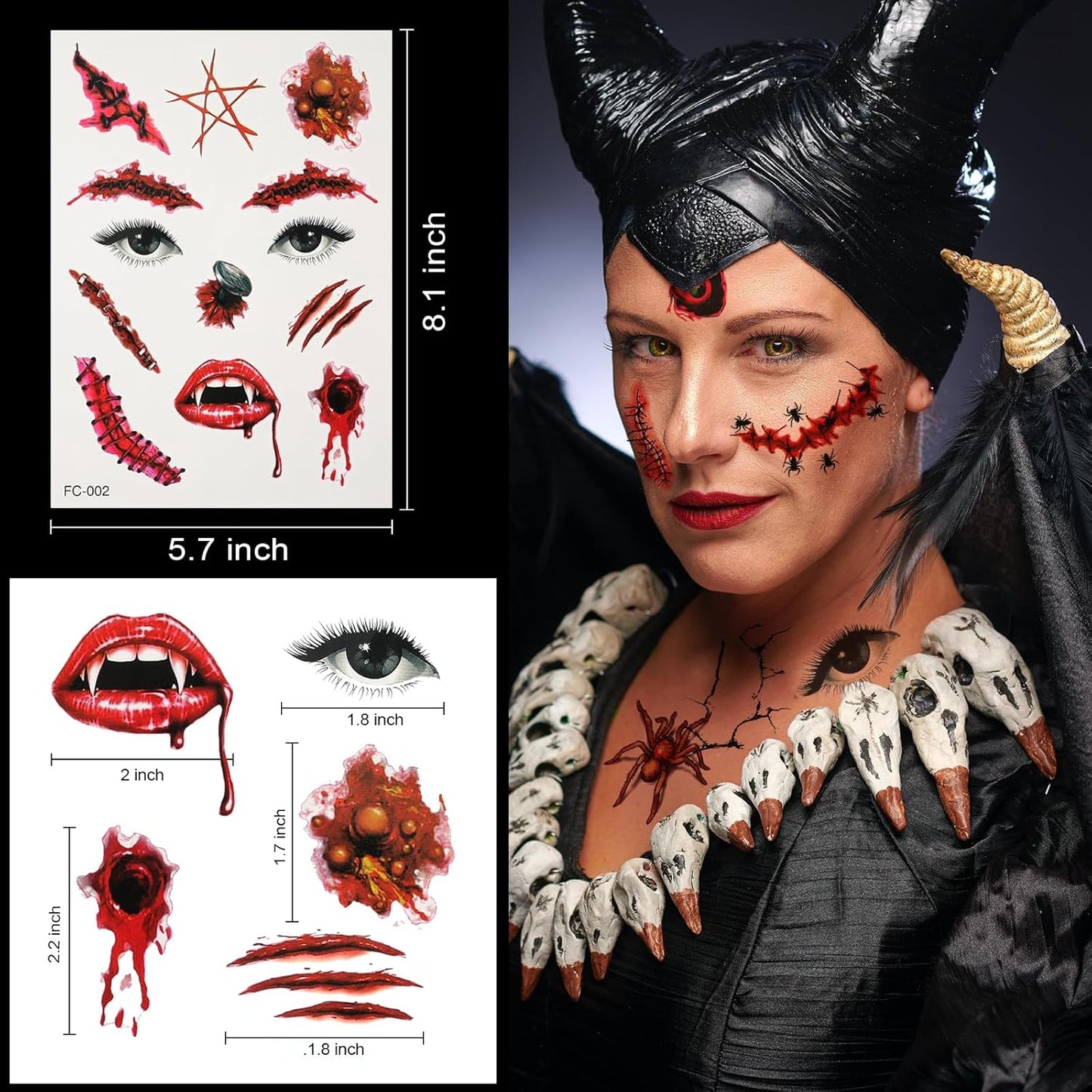 Halloween Horror Makeup Fake Scars Temporary Tattoos - 118 Pcs Realistic Bloody Stitches Wound Tattoo Stickers for Face & Body, Zombie, Chucky, Vampire Cosplay, Pranks & Masquerade Parties