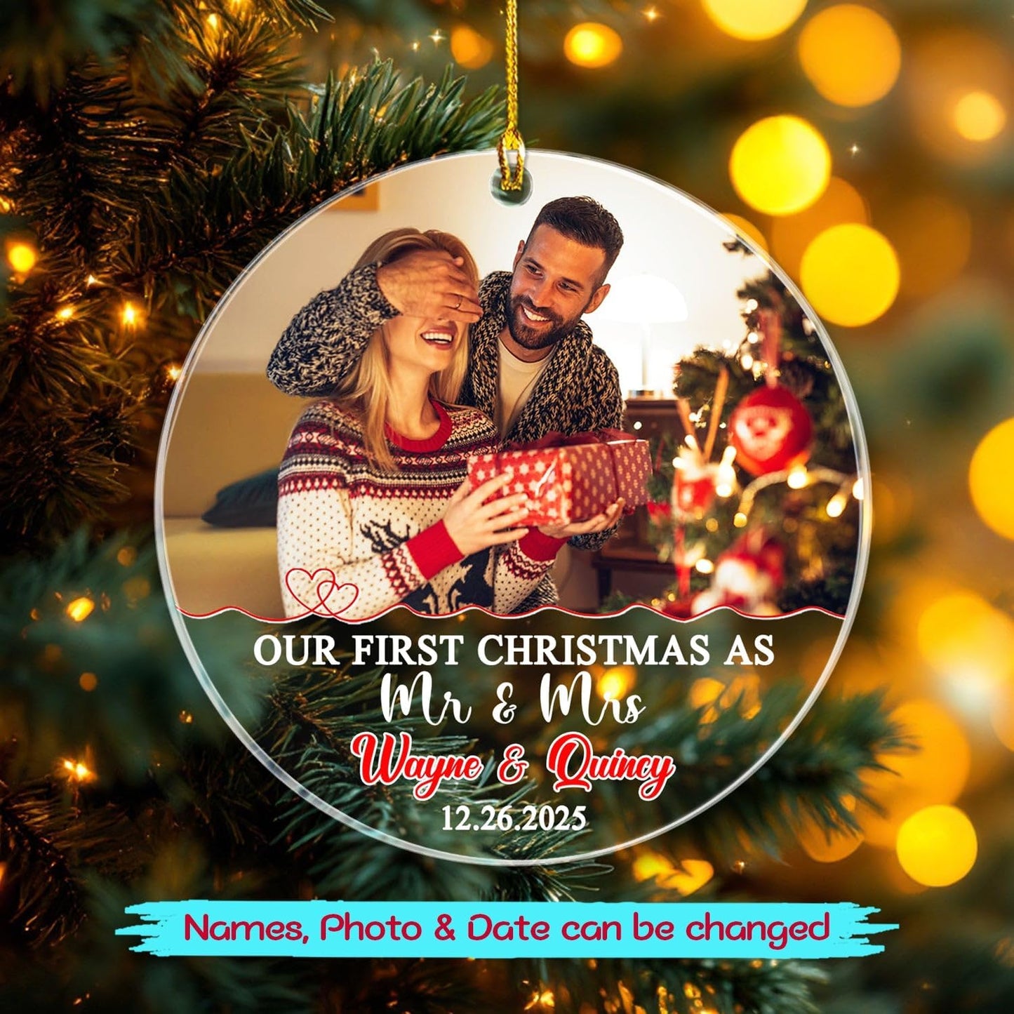 Our First Christmas As Mr & Mrs Ornament 2025, Customized Date Photo Names Mr & Mrs Together Ornaments Gift for Anniversary, Personalized Upload Photo Christmas Ornament for Just Married/Newlyweds