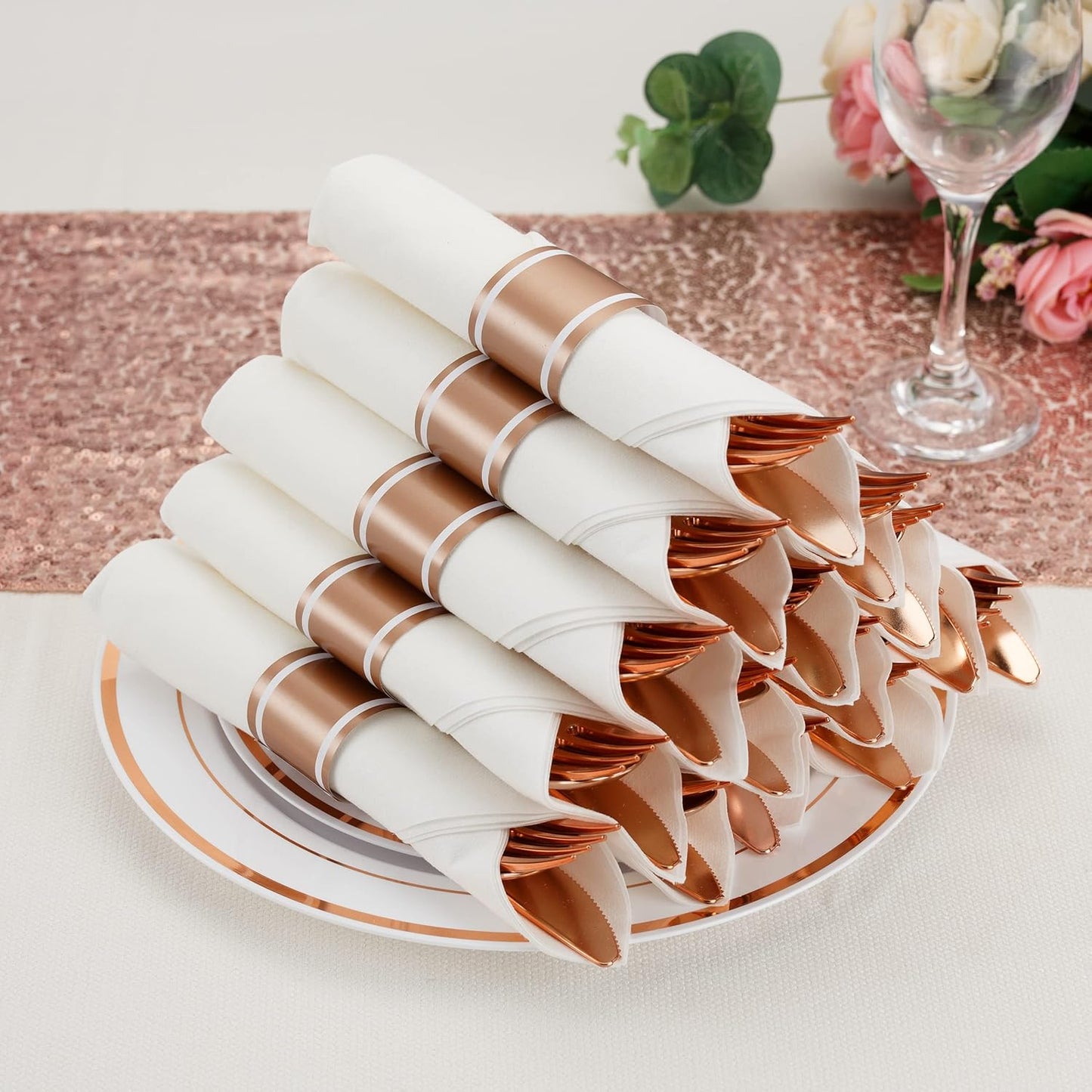 50 Pack Pre Rolled Rose Gold Plastic Silverware Set with Napkins,Disposable Wrapped Heavy Duty Cutlery Set for Wedding Birthday Party-50 Forks,Knives,Spoons,Utensils Set,Plasticware Bulk