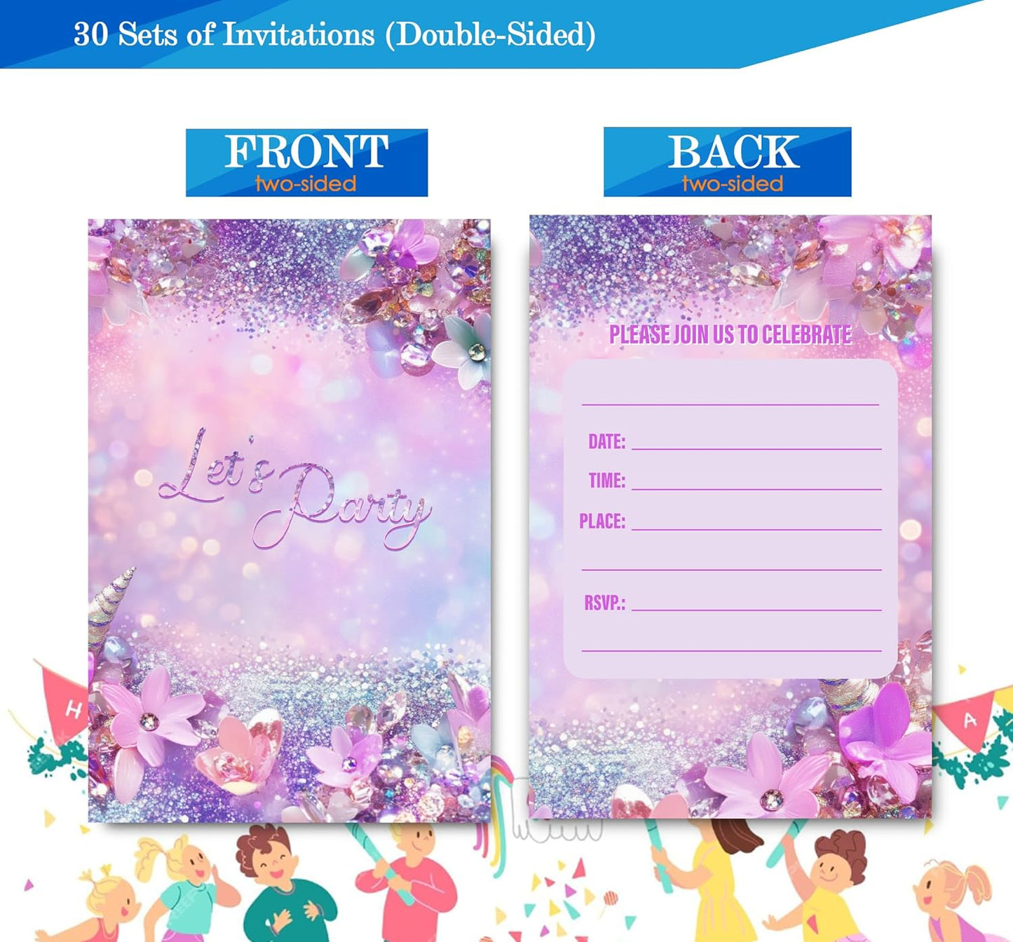 Pink Birthday Invitations for Girls, Modern Sparkle Birthday Party Invitaions for Party Invites, 4x6 Inches, 30 Sets with Envelopes