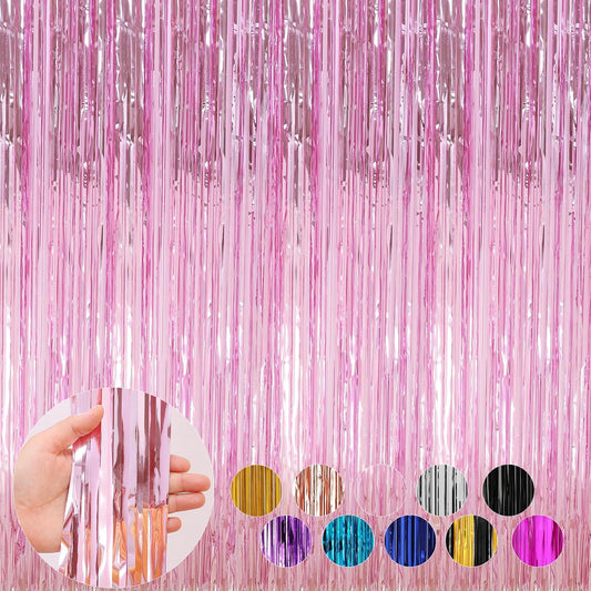 4 Pack Pink Foil Fringe Curtains Door Streamers Party Decorations 3.3 x 8.2 ft, Pink Tinsel Curtain Fringe Backdrop for Parties, Door Fringe Birthday Streamers, Photo Booth Backdrops, Party Decor