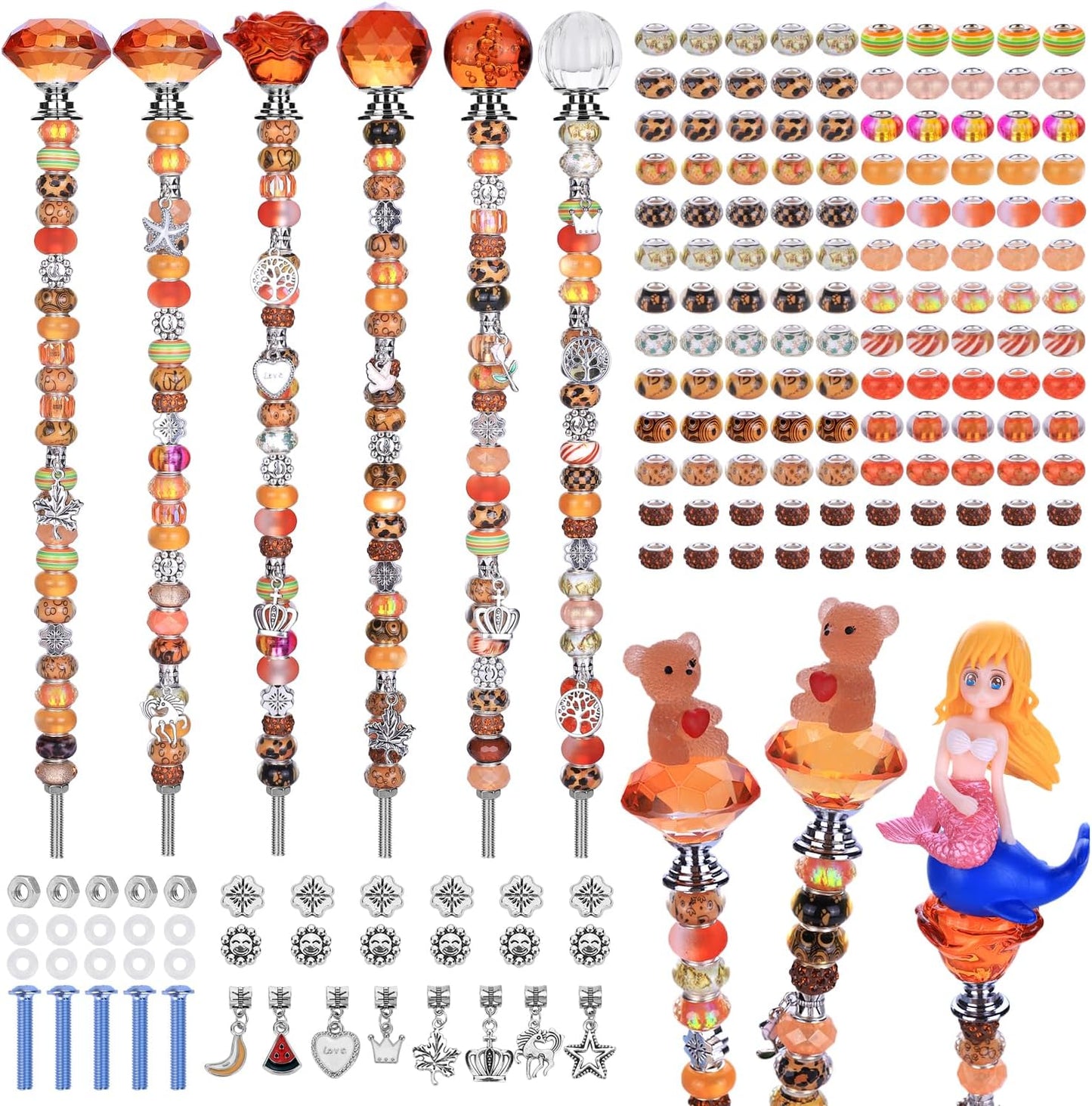 158 Pcs DIY Fairy Wand Garden Stakes Kit,Multiple Color Scheme European Beads Crystal Diamond Tops and 12 or 10 Inch Threaded Rods,Stainless Steel Stakes with Diamond Toppe (Sun)