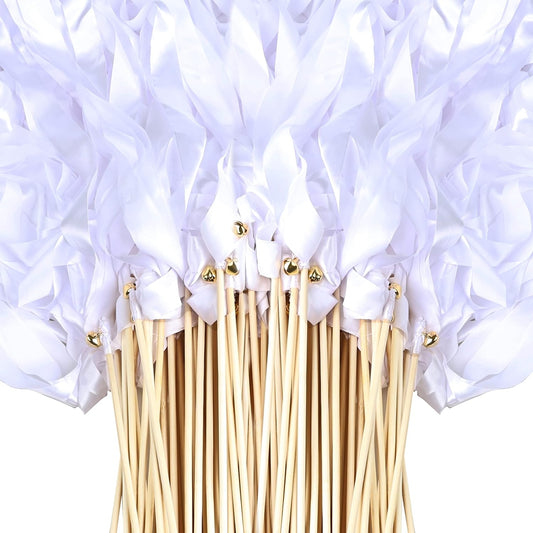 60 Pieces Wedding Colorful Ribbon with Bells, Party Ribbons Streamers Sticks Magic Wish Fairy Wand for Wedding Party Holiday Activities Favors (White-100)