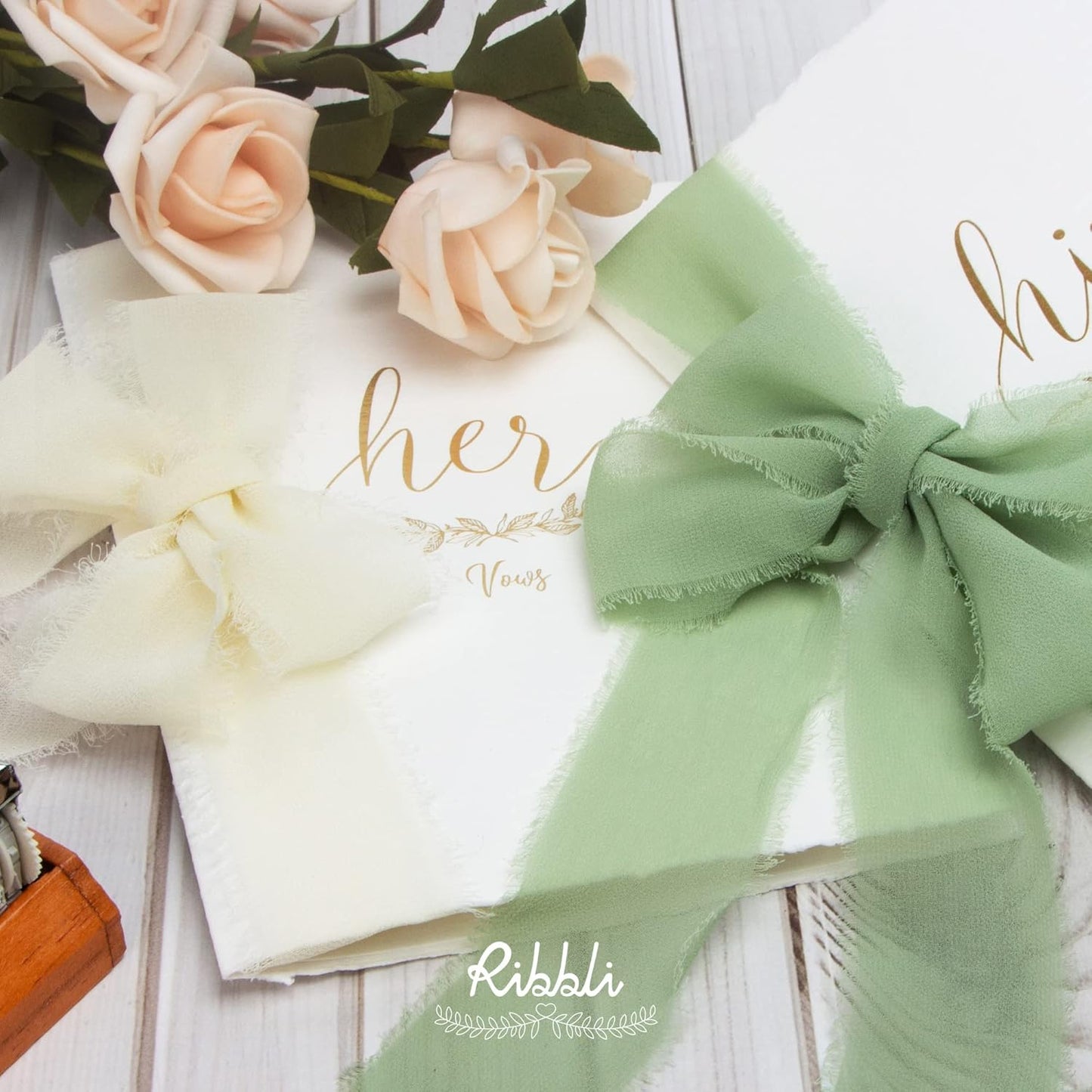 Ribbli Chiffon Ribbon 1.5 inch x 30 Yard Handmade Silk Ribbon, Ivory/Blush Pink/Sage Green Fringe Chiffon Ribbon for Wedding Invitations, Bridal Bouquets Wrapping, Flower Arrangement Decoration