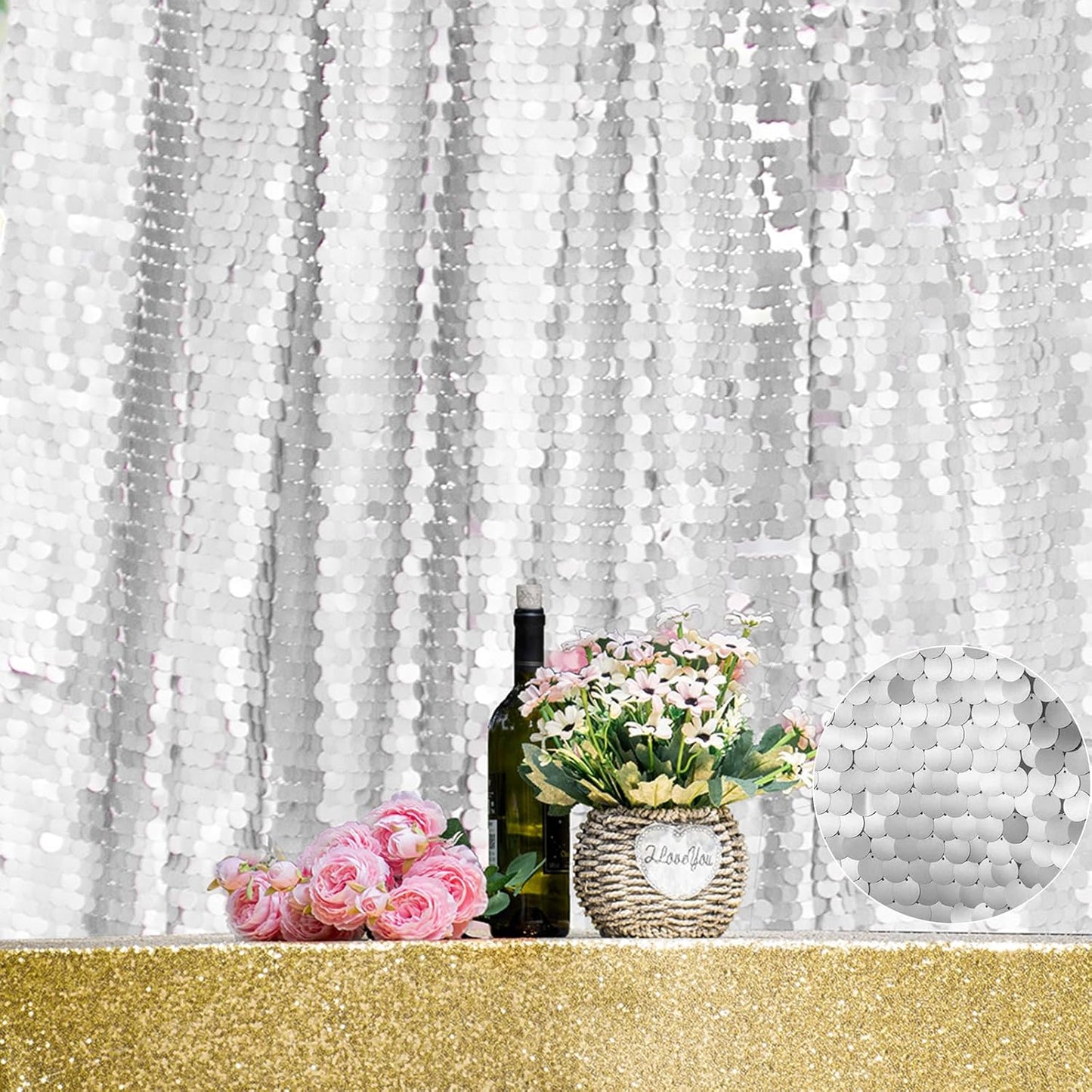 JYFLZQ Silver Payette Sequin Backdrop Curtains 4ft x 8ft 2 Panels Shimmer Wall Backdrop Big Sequin Background Thick Glitter Photo Booth Backdrops for Birthday Christmas Wedding Parties
