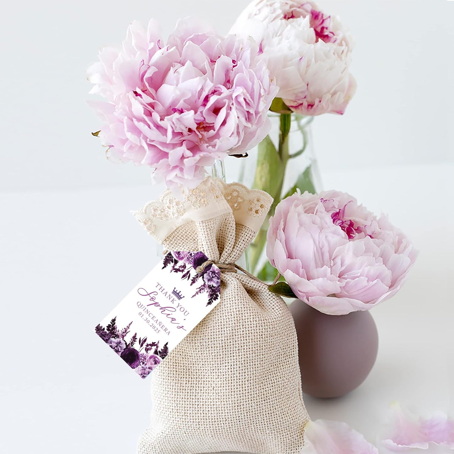 Andaz Press 40-Pack Personalized Quinceañera Favor Tags with String, Purple Florals Custom Classic Thank You Gift Tags for Quince Años XV 15th Birthday Favor Gifts Quinceanera Decorations