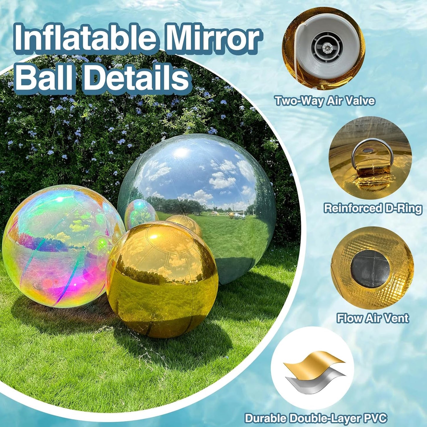 3PCS Glod Inflatable Mirror Ball, Big Shinny Balls Reusable Large PVC Disco Ball Balloon for Large Event Decoration, Party, Concerts, Stage, Wedding Decor, Without Air Pump