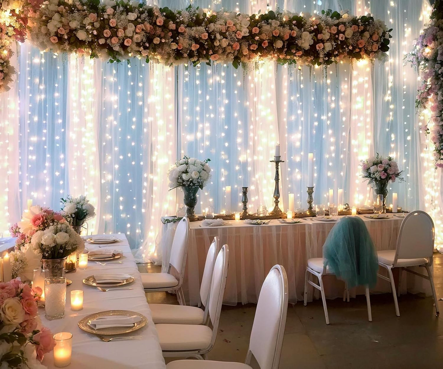 White Tulle Backdrop Curtain with Lights String for Parties Wedding Bridal Shower Sheer White Curtain Backdrop for Birthday Baby Shower Photo Booth Photography Background Decorations 20ft x 10ft