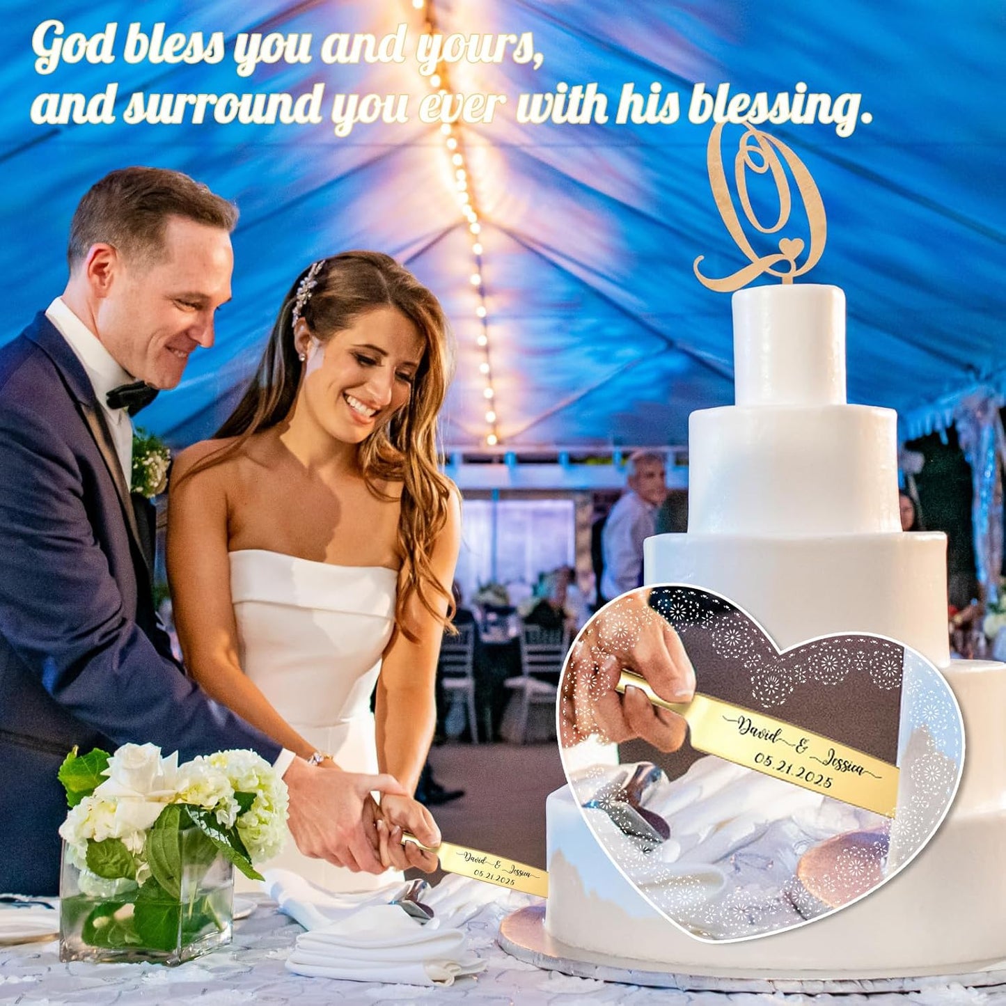 Custom Wedding Cake Knife and Server Set Personalized Cake Cutter with Engraved Text Bridal Cake Cutting Set with Gift Box for Weddings Anniversary Birthday (Gold - Text)