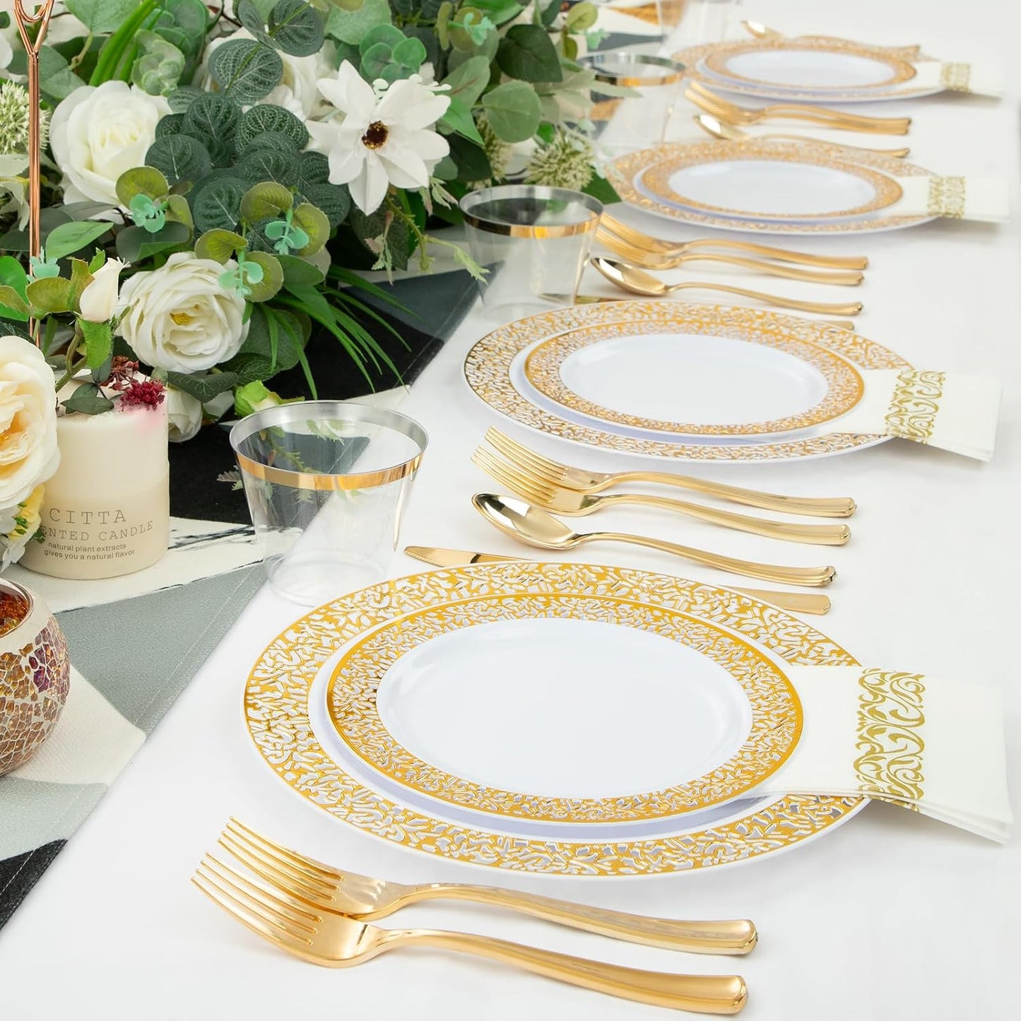 WELLIFE 350Pcs Gold Dinnerware Sets, Plates and Napkins Party Supplies Include:50 Dinner Plates, 50 Dessert Plates, 50 Paper Napkins, 50 Cups, 50 Gold Plastic Cutlery Set