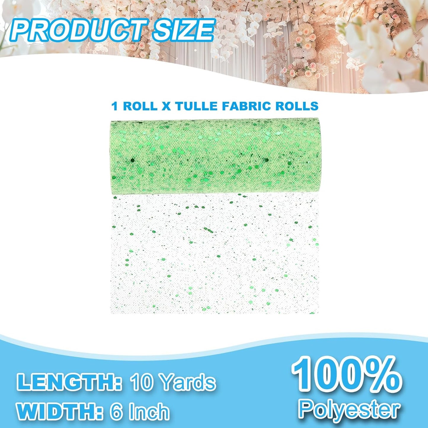 PATIKIL Tulle Fabric Rolls, 6 Inch by 10 Yards Fabric Spool Tulle Sparkling Ribbon Netting Sequin for DIY Tutu Skirts Crafts Wedding Party Decorations, Light Green
