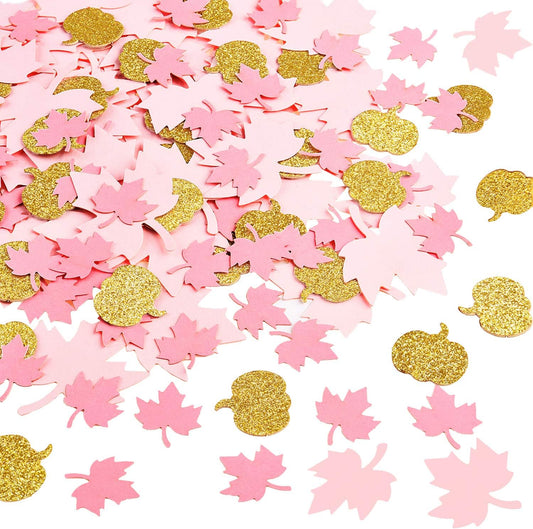 Sumind 200 Pieces Thanksgiving Pink and Gold Pumpkin Confetti Christmas Baby Shower Maple Leaf Confetti Glitter Thanksgiving Pumpkin Decorations Table Decorations for Birthday Party Supplies (Simple)