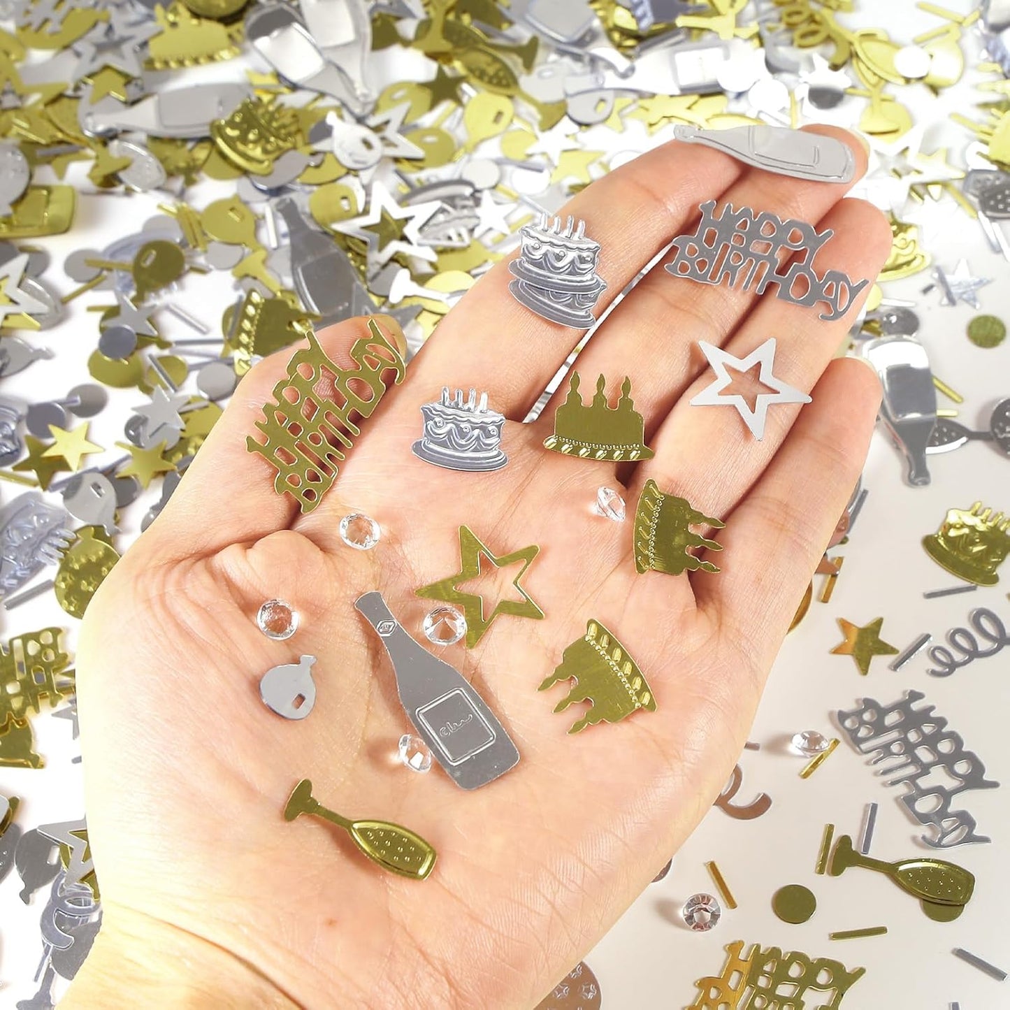 Light Gold and Silver Happy Birthday Confetti, 3000 Pcs Birthday Cake Table Metallic Foil Confetti Party Table Decor for Party, Baby Shower, DIY Arts and Crafting