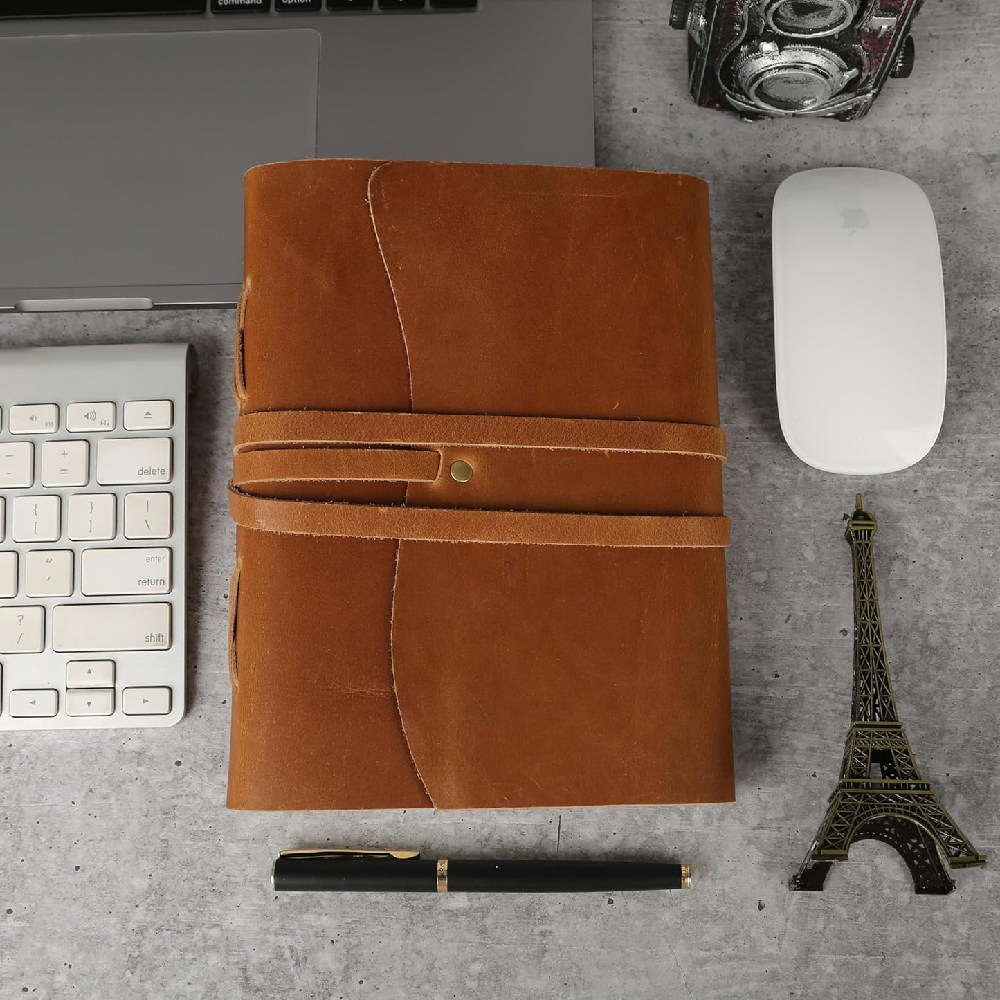 KomalC Tan Handmade Leather Journal | 8x6 Inch Vintage Writing Notebook Unlined Pages | Rustic Non-Refillable Sketchbook for Travel, Art, Notes, Gifts