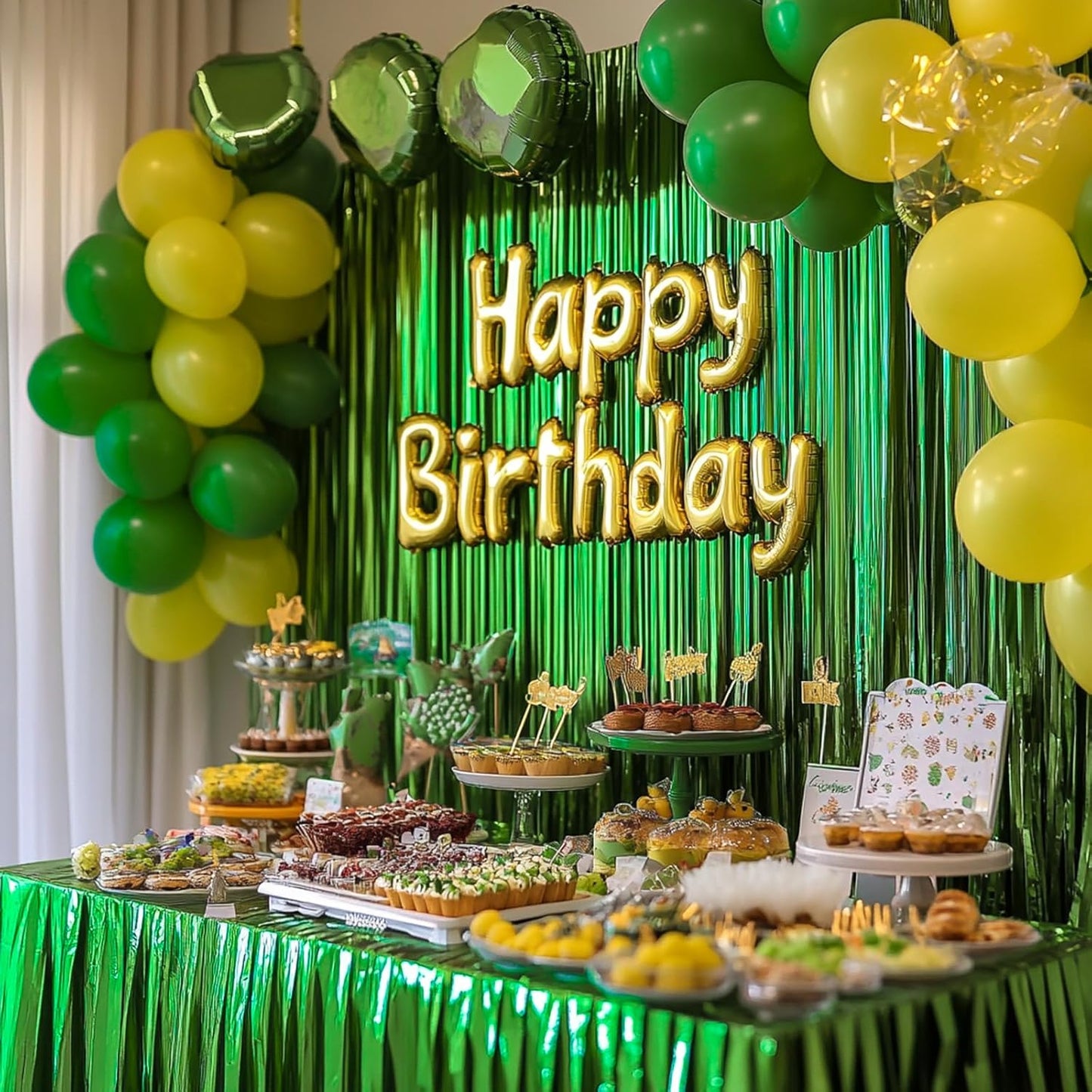 PartyWoo Green Streamers Backdrop 3pcs Green Tinsel Foil Fringe Streamer Curtains 8.2 FT Curtains Photo Backdrop for Graduation Birthday Dinosaur Jungle Golf Football Theme Party Decorations