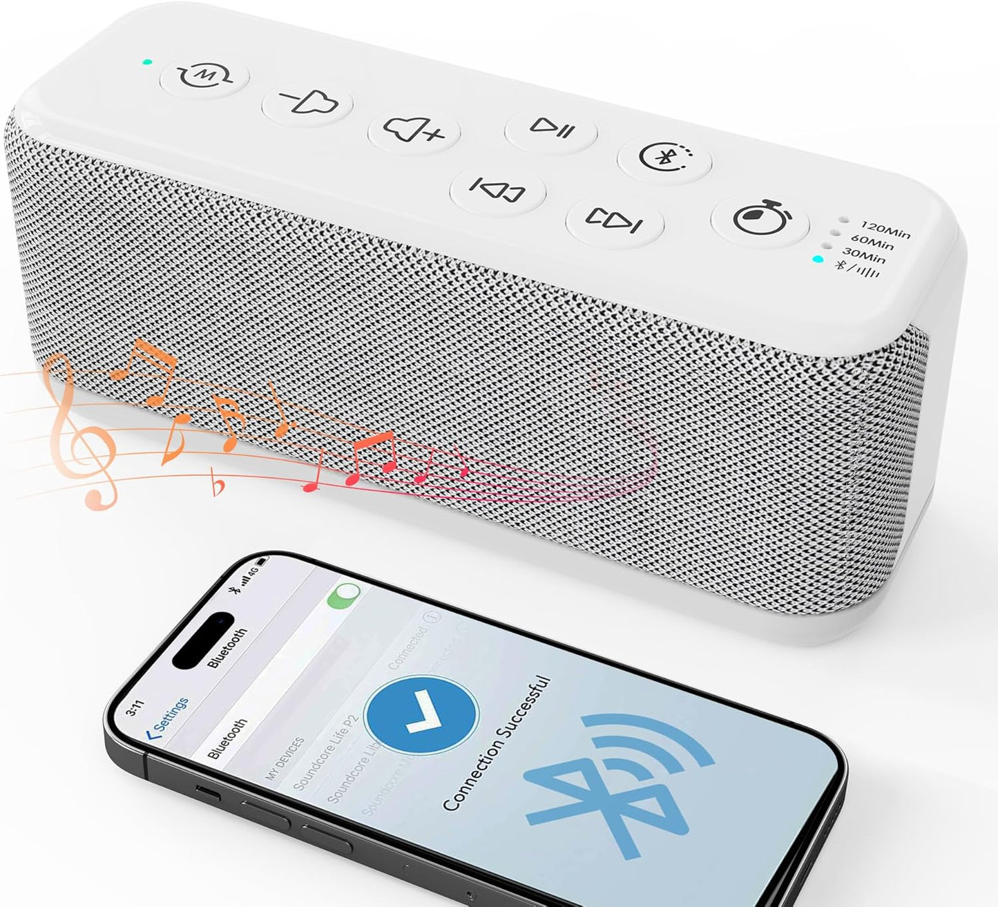 White Noise Sound Machine with Bluetooth,3000mAh Battery Powered,40H Long Lasting,Hi-Fi Audio,30/60/120m Timer,Wireless Portable Sleep Sound Machine for Adults/Baby,Type-C Rechargeable,Headphone Jack