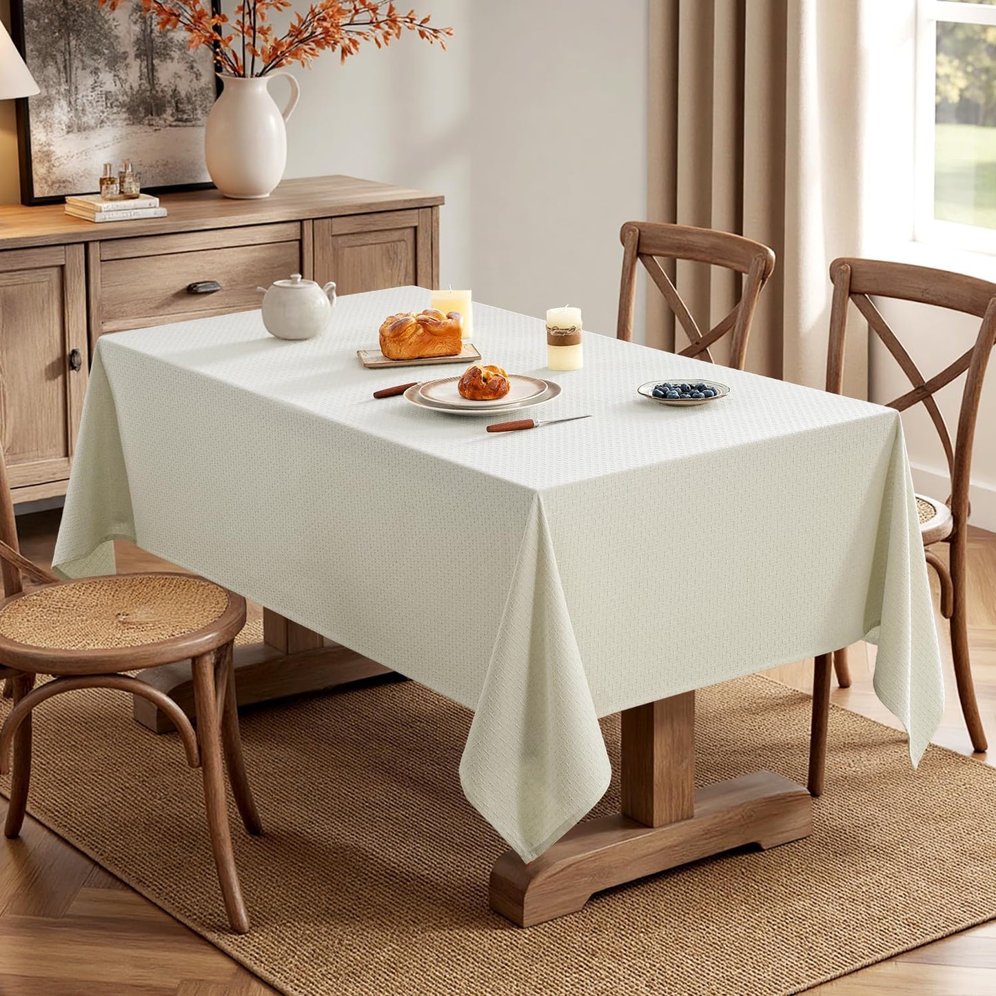 MIULEE Ivory Linen Cottton Table Cloth Rectangle Tablecloth Waterproof Spillproof Cross-Star Textured Table Cltoth Decorative Farmhouse Style for Dining Party Weddings 52x70 Inch