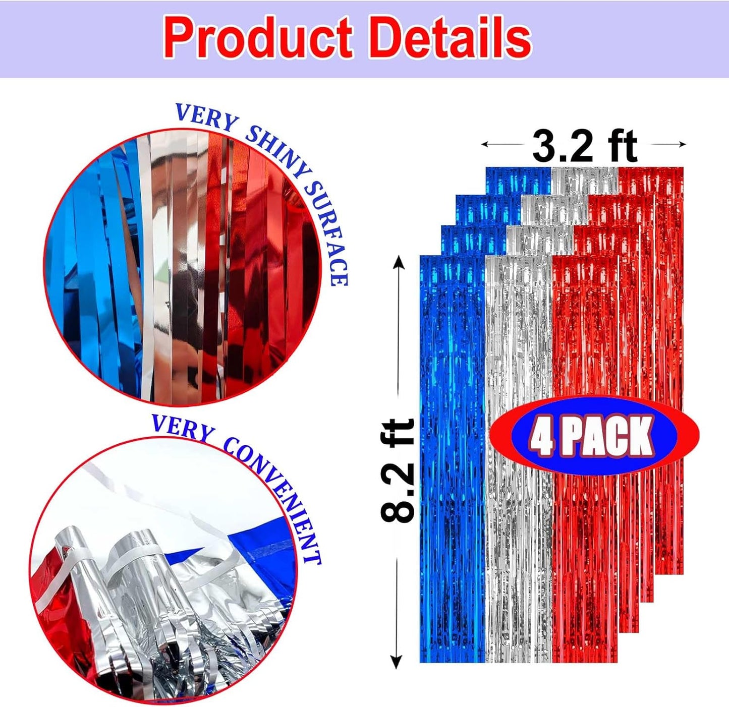 4th of July Decorations- 4 Pack of 3.2x8.2ft Red Silver Blue Tinsel Foil Fringe Curtains for Patriotic Party Memorial Day Independence Day Party Backdrop