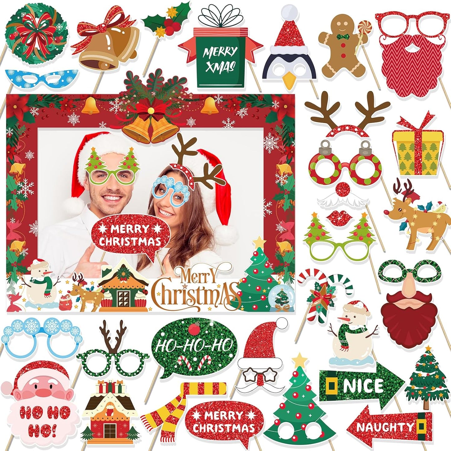 HOWAF 30 Pcs Christmas Photo Booth Props - Merry Christmas Paper Photo Frame, Funny Santa & Gingerbread Photo Props for Xmas Holiday Party Decoration, Selfie Frame Props