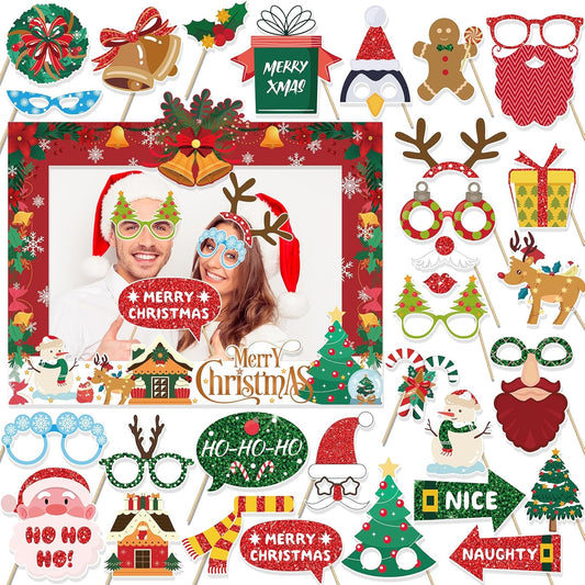 HOWAF 30 Pcs Christmas Photo Booth Props - Merry Christmas Paper Photo Frame, Funny Santa & Gingerbread Photo Props for Xmas Holiday Party Decoration, Selfie Frame Props