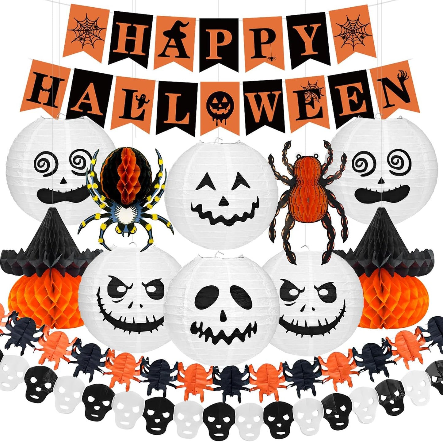 Halloween Office Decorations Indoor Kit - Pumpkin Lanterns, Bats Skull Head Banner, Spider Pumpkin Hanging Happy Halloween Banner For Office Classroom Home 14PCS