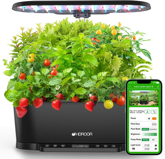 Hydroponics Growing System Kit APP Controlled, 15 Pods Indoor Herb Garden Hydroponic 36W Grow Light, Smart Indoor Garden, Height Adjustable to 30", Auto Timer, Quiet Pump, Water Shortage Alarm, Black