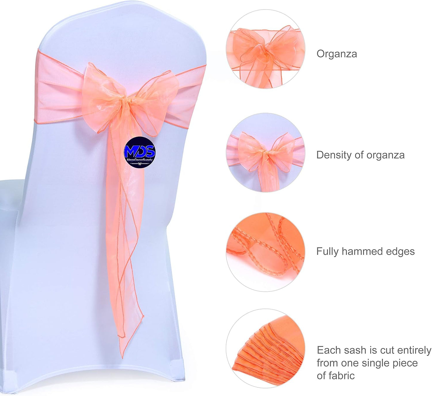 MDS Pack of 10 PCS Organza Chair Sashes Wider Dining Chair Bows Ribbon Tie Back for Wedding Party Birthday Bridal Shower Reception Event Banquet Home Chair Cover Decoration - Light Orange
