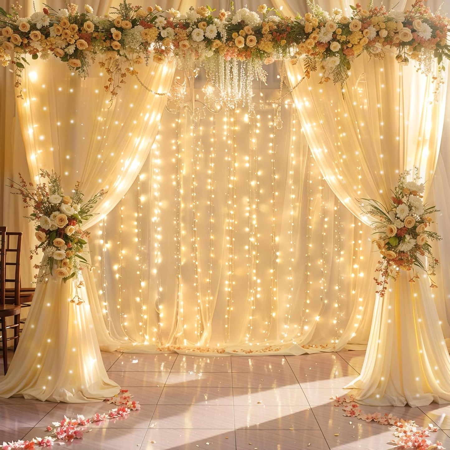 10x10ft Champagne Backdrop Curtain with Lights for Wedding Parties, Chiffon Curtains Backdrop with Lights for Baby Shower Bridal Shower Birthday Party Ceremony Reception