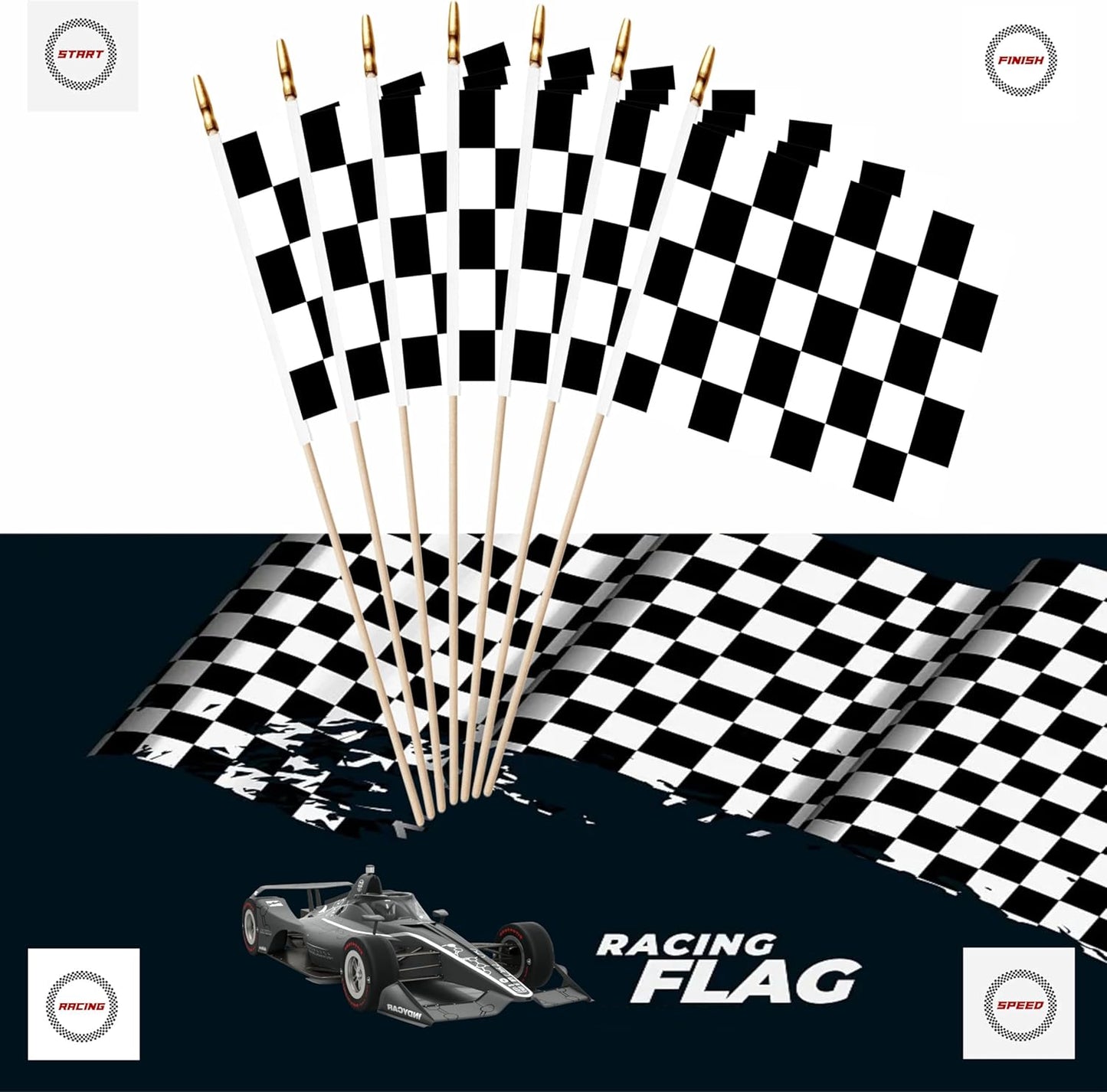 20 Pack Checkered Black and White Racing Mini Stick Flags Small Miniature Handheld Race Car Flag Decorations,5x8 Inch